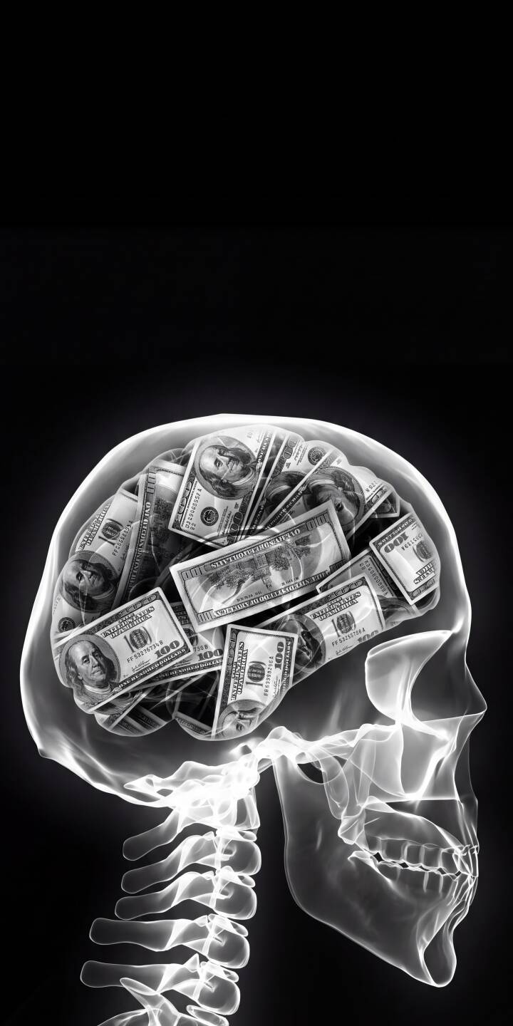 A transparent X-ray of a human skull reveals a mind obsessed, with crisp US hundred-dollar bills densely packed inside the cranium in this powerful 4K wallpaper. This thought-provoking money-themed wallpaper is a perfect fit for any iPhone. | money skull greed iphone brain wallpaper xray dollars mobile 4k wallpaper hd wallpaper monochrome A transparent X-ray of a human skull reveals a mind obsessed, with crisp US hundred-dollar bills densely packed inside the cranium in this powerful 4K wallpaper. This thought-provoking money-themed wallpaper is a perfect fit for any iPhone.