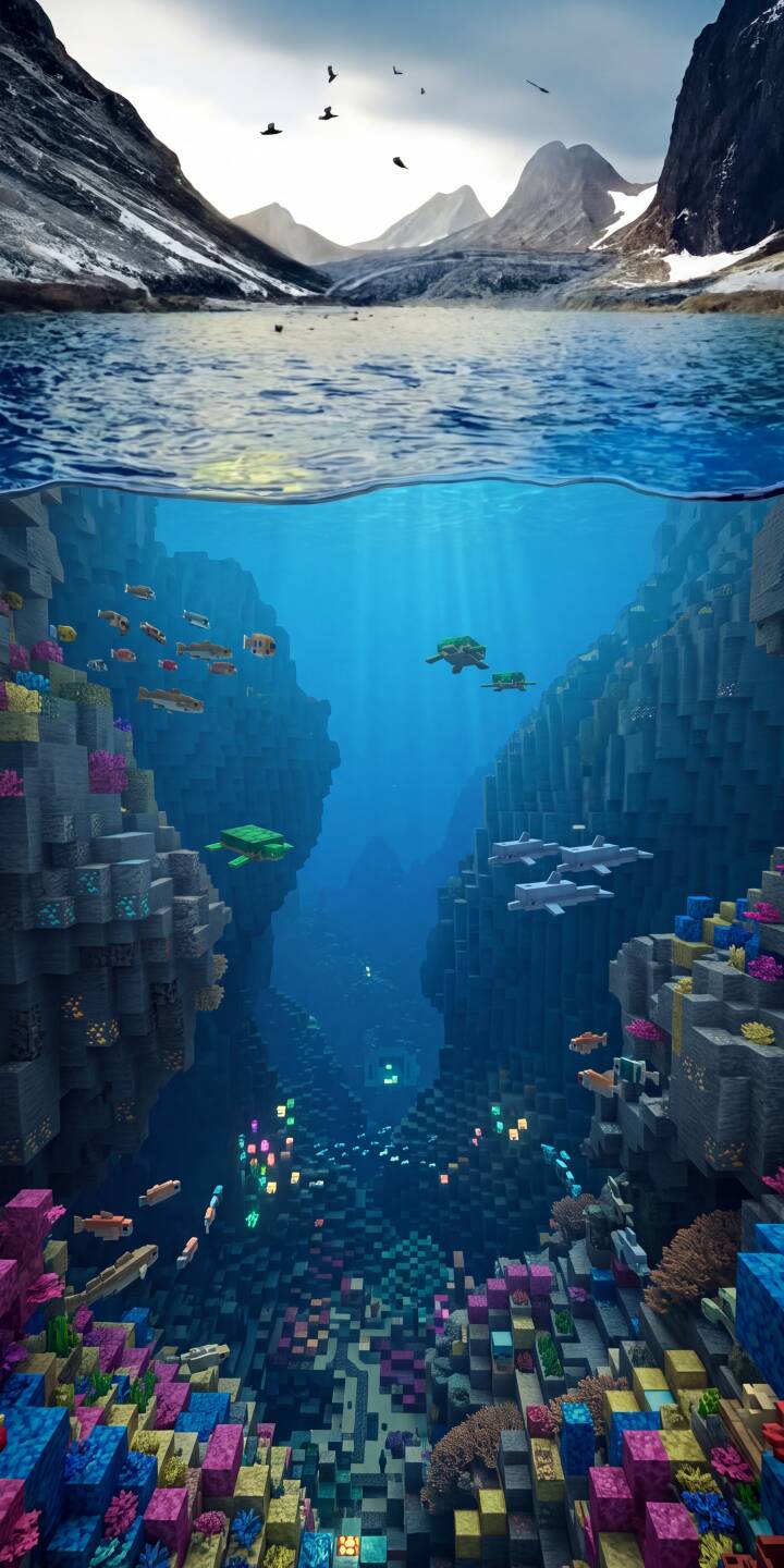 Sunlight streaks pierce the vibrant pixelated depths of a Minecraft ocean canyon, teeming with colorful coral and blocky sea life, contrasting beautifully with a serene realistic mountain lake scene above in this stunning 4K wallpaper — a perfect mobile wallpaper for iPhone. | underwater minecraft iphone ocean gaming mountains wallpaper mobile 4k wallpaper hd wallpaper blocky split scene Sunlight streaks pierce the vibrant pixelated depths of a Minecraft ocean canyon, teeming with colorful coral and blocky sea life, contrasting beautifully with a serene realistic mountain lake scene above in this stunning 4K wallpaper — a perfect mobile wallpaper for iPhone.
