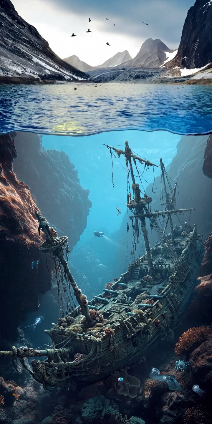 A captivating visual split reveals a tranquil mountain lake above and a detailed, coral-encrusted shipwreck nestled in an ancient underwater canyon below, creating an immersive 4K wallpaper for iPhone. This breathtaking dual-scene wallpaper features a submersible exploring the vibrant deep, perfect for adventurers. | underwater iphone fantasy ocean mountains wallpaper mobile 4k wallpaper hd wallpaper mysterious exploration shipwreck A captivating visual split reveals a tranquil mountain lake above and a detailed, coral-encrusted shipwreck nestled in an ancient underwater canyon below, creating an immersive 4K wallpaper for iPhone. This breathtaking dual-scene wallpaper features a submersible exploring the vibrant deep, perfect for adventurers.