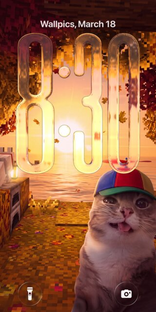A mischievous cat with its tongue playfully out and wearing a colorful propeller hat pops against a stunning 4K Minecraft autumn sunset. This unique aesthetic wallpaper is perfect for iPhone.