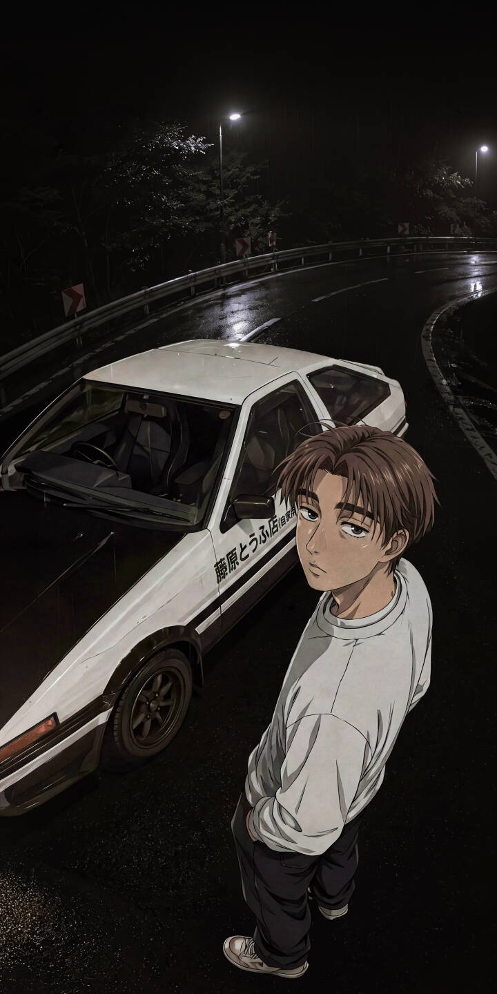 Takumi Fujiwara's serene gaze matches the dark, reflective mountain road illuminated by distant streetlights, an iconic Toyota AE86 parked nearby in this striking 4K wallpaper — a must-have wallpaper for iPhone fans of Initial D. | anime iphone wallpaper ae86 night drive mobile initial d 4k wallpaper hd wallpaper dark aesthetic jdm takumi fujiwara Takumi Fujiwara's serene gaze matches the dark, reflective mountain road illuminated by distant streetlights, an iconic Toyota AE86 parked nearby in this striking 4K wallpaper — a must-have wallpaper for iPhone fans of Initial D.