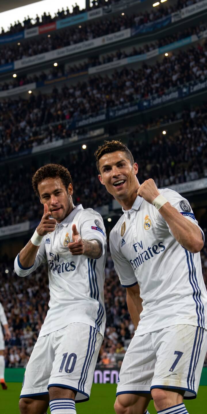 Neymar Jr. and Cristiano Ronaldo, both in crisp white uniforms, share a moment of joyous celebration, captured perfectly for this striking 4K wallpaper. Featuring both legendary players' vibrant smiles and dynamic poses against a packed stadium backdrop, this essential football wallpaper is optimized for iPhone screens. | sports football stadium celebration iphone ronaldo soccer wallpaper neymar mobile 4k wallpaper hd wallpaper Neymar Jr. and Cristiano Ronaldo, both in crisp white uniforms, share a moment of joyous celebration, captured perfectly for this striking 4K wallpaper. Featuring both legendary players' vibrant smiles and dynamic poses against a packed stadium backdrop, this essential football wallpaper is optimized for iPhone screens.