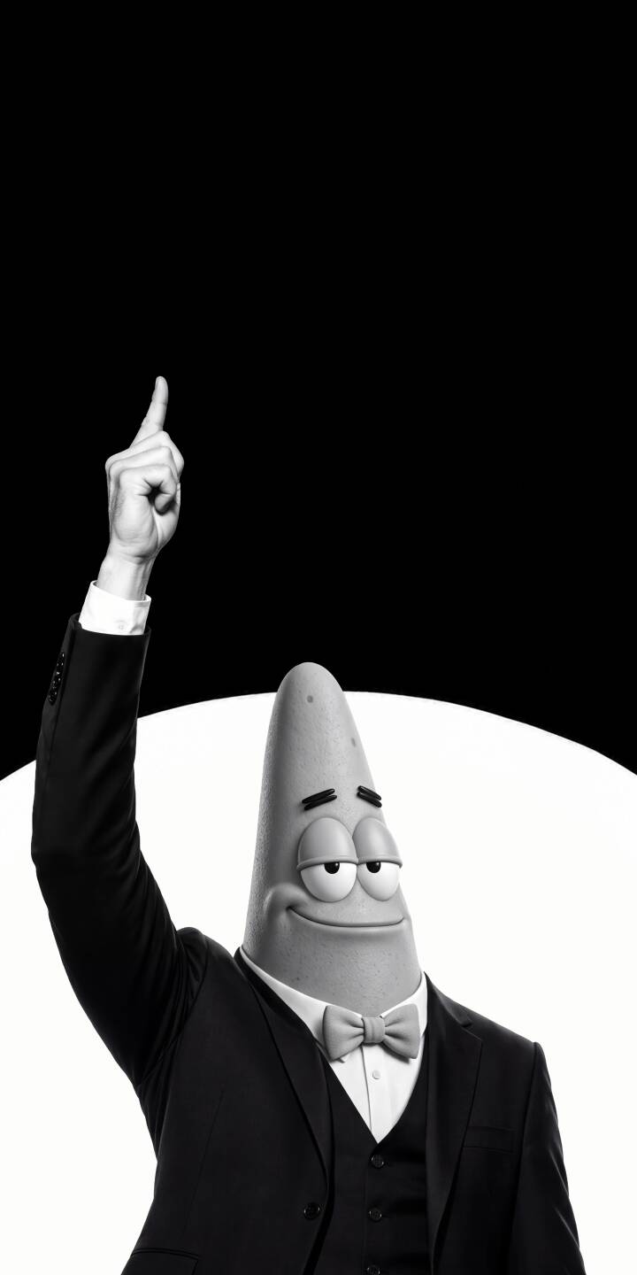 The elegant black and white contrast highlights Patrick Star in a sharp black suit and bowtie, his human-like arm pointing skyward in this unique 4K wallpaper. This sophisticated wallpaper is perfect for personalizing your iPhone with a touch of humor and style. | meme funny spongebob suit iphone wallpaper black and white patrick star mobile 4k wallpaper hd wallpaper dapper The elegant black and white contrast highlights Patrick Star in a sharp black suit and bowtie, his human-like arm pointing skyward in this unique 4K wallpaper. This sophisticated wallpaper is perfect for personalizing your iPhone with a touch of humor and style.