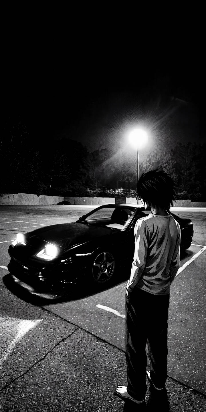 A lone, anime-style L stands barefoot beside a sleek black Toyota Supra, illuminated by a solitary street lamp in this atmospheric black and white 4K wallpaper. This stunning night scene is a perfect mysterious wallpaper for iPhone screens. | car dark anime iphone supra wallpaper black and white mobile 4k wallpaper hd wallpaper death note l A lone, anime-style L stands barefoot beside a sleek black Toyota Supra, illuminated by a solitary street lamp in this atmospheric black and white 4K wallpaper. This stunning night scene is a perfect mysterious wallpaper for iPhone screens.