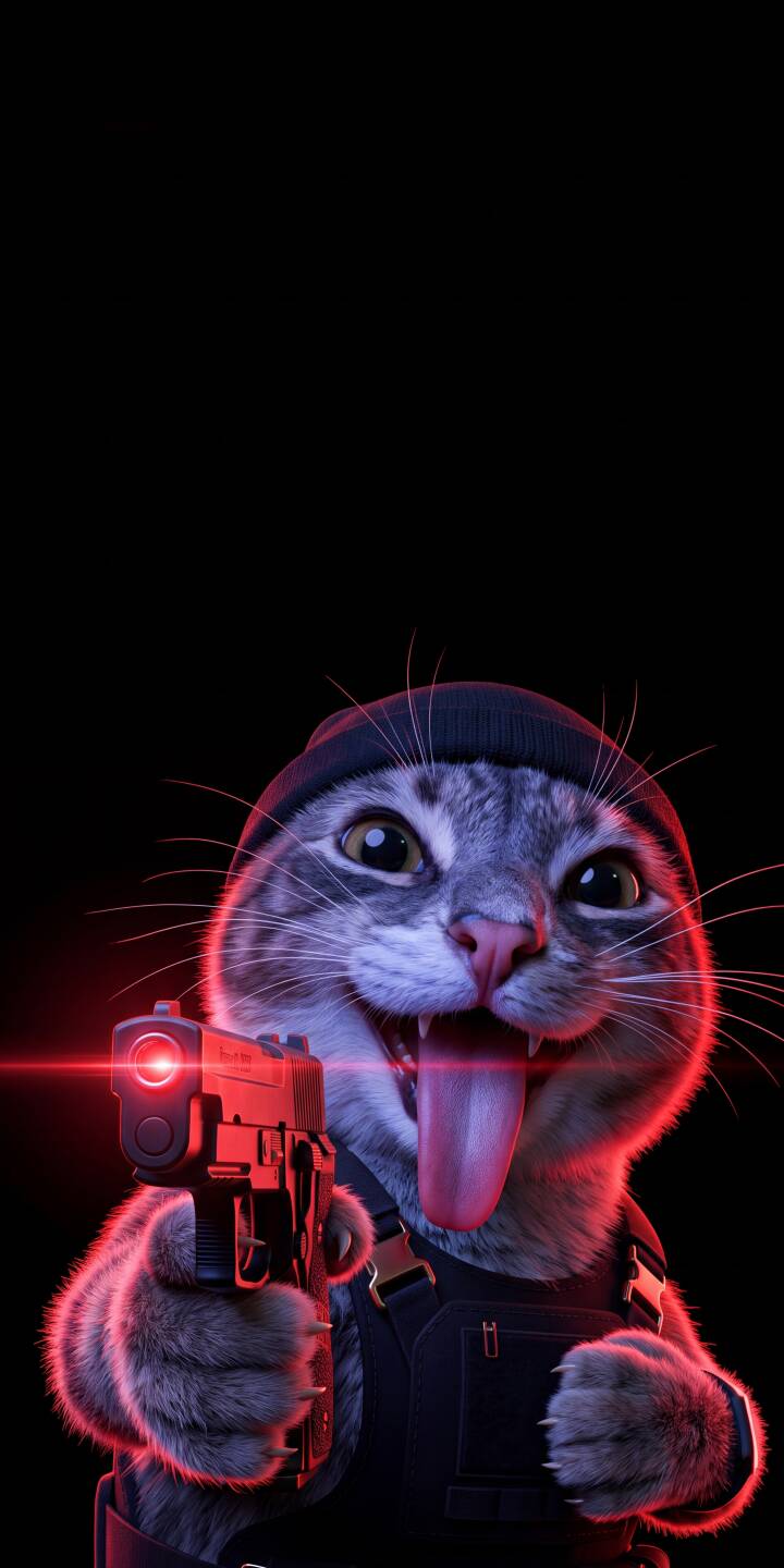 Red laser light pierces the darkness as this hilarious tabby cat, sporting a beanie and tactical vest, sticks out its tongue while aiming a handgun in this high-definition 4K wallpaper. This captivating wallpaper is a purr-fectly edgy and funny choice for your iPhone. | funny gun cat laser iphone wallpaper mobile 4k wallpaper hd wallpaper beanie tabby cat gangster cat Red laser light pierces the darkness as this hilarious tabby cat, sporting a beanie and tactical vest, sticks out its tongue while aiming a handgun in this high-definition 4K wallpaper. This captivating wallpaper is a purr-fectly edgy and funny choice for your iPhone.
