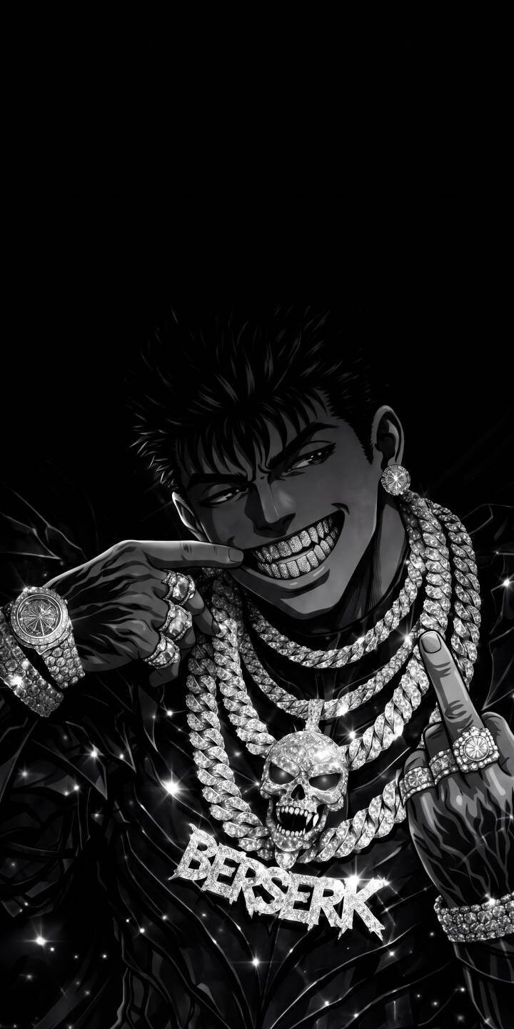 Guts flashes a menacing diamond-toothed grin, adorned with sparkling chains, rings, and a custom "BERSERK" pendant, making this monochrome 4K wallpaper a luxurious choice for your iPhone. This edgy, iced-out Guts wallpaper perfectly blends dark fantasy with modern street style. | anime iphone wallpaper drip guts berserk mobile 4k wallpaper hd wallpaper dark aesthetic iced out skull chain Guts flashes a menacing diamond-toothed grin, adorned with sparkling chains, rings, and a custom "BERSERK" pendant, making this monochrome 4K wallpaper a luxurious choice for your iPhone. This edgy, iced-out Guts wallpaper perfectly blends dark fantasy with modern street style.