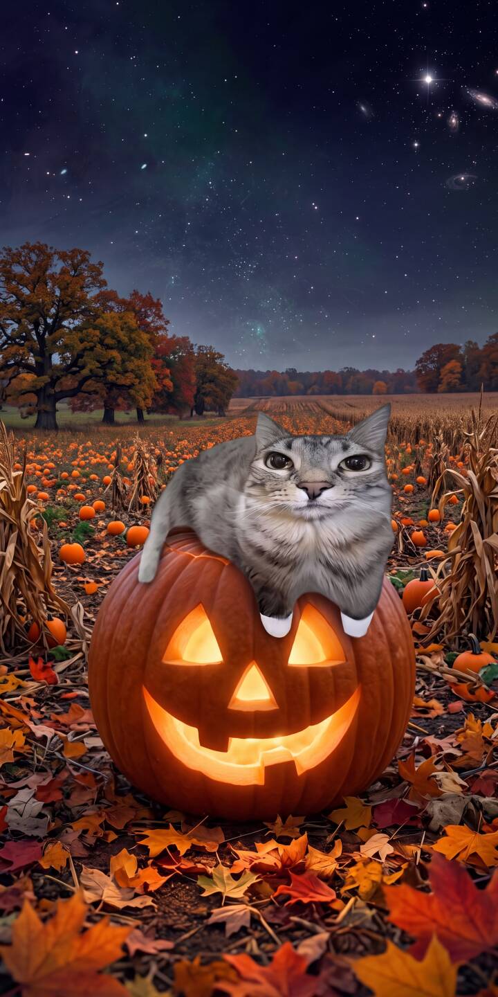 A curious grey cat with bright white paws perches atop a warmly glowing jack-o'-lantern in this enchanting 4K wallpaper, set against a twinkling starry night sky over a vast pumpkin patch — an ideal autumnal wallpaper for your iPhone. | cat halloween pumpkin iphone autumn cozy wallpaper starry night mobile 4k wallpaper hd wallpaper jack-o-lantern A curious grey cat with bright white paws perches atop a warmly glowing jack-o'-lantern in this enchanting 4K wallpaper, set against a twinkling starry night sky over a vast pumpkin patch — an ideal autumnal wallpaper for your iPhone.