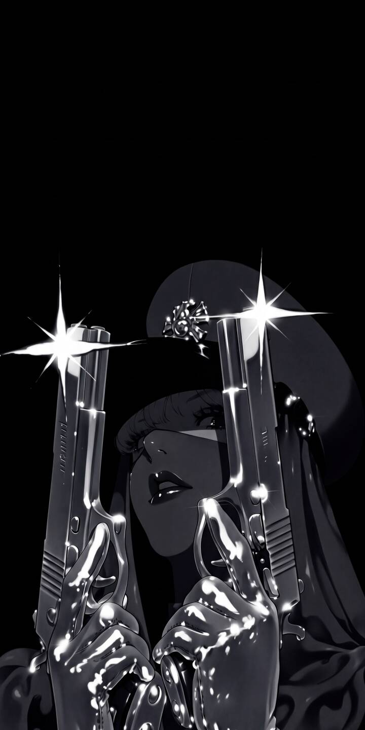 Ultra-reflective chrome pistols gleam brilliantly in the hands of a mysterious dark agent, her glossy lips hinting at an unseen expression in this sleek 4K wallpaper. This captivating wallpaper is perfect for iPhone users seeking a blend of cool aesthetics and action. | iphone cyberpunk wallpaper anime girl mobile 4k wallpaper hd wallpaper sleek dark aesthetic monochrome gun girl chrome guns Ultra-reflective chrome pistols gleam brilliantly in the hands of a mysterious dark agent, her glossy lips hinting at an unseen expression in this sleek 4K wallpaper. This captivating wallpaper is perfect for iPhone users seeking a blend of cool aesthetics and action.