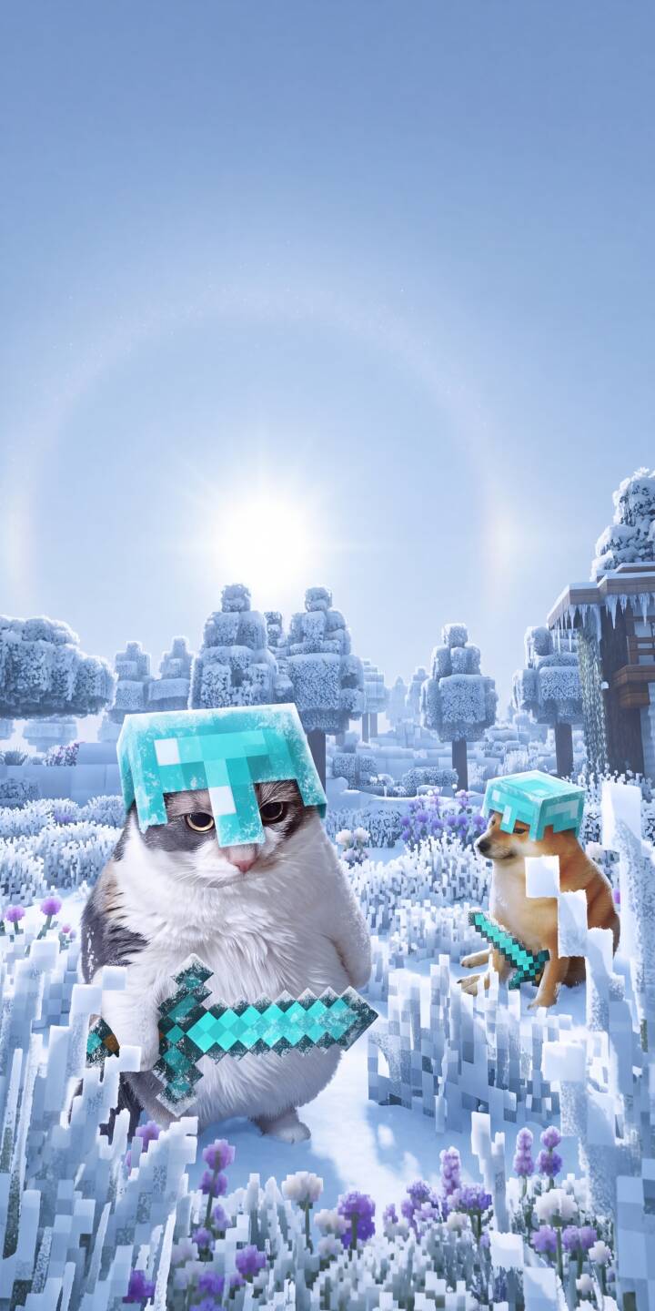 A chunky cat, adorned in a gleaming diamond helmet and clutching a matching sword, leads its doggo companion through a vibrant, snow-covered Minecraft landscape in this charming 4K wallpaper. This delightful animal duo wallpaper, set against icy block trees and purple flowers under a sun halo, makes a perfect download for your iPhone. | dog cat snowy minecraft cute iphone wallpaper mobile 4k wallpaper hd wallpaper cheems diamond gear A chunky cat, adorned in a gleaming diamond helmet and clutching a matching sword, leads its doggo companion through a vibrant, snow-covered Minecraft landscape in this charming 4K wallpaper. This delightful animal duo wallpaper, set against icy block trees and purple flowers under a sun halo, makes a perfect download for your iPhone.