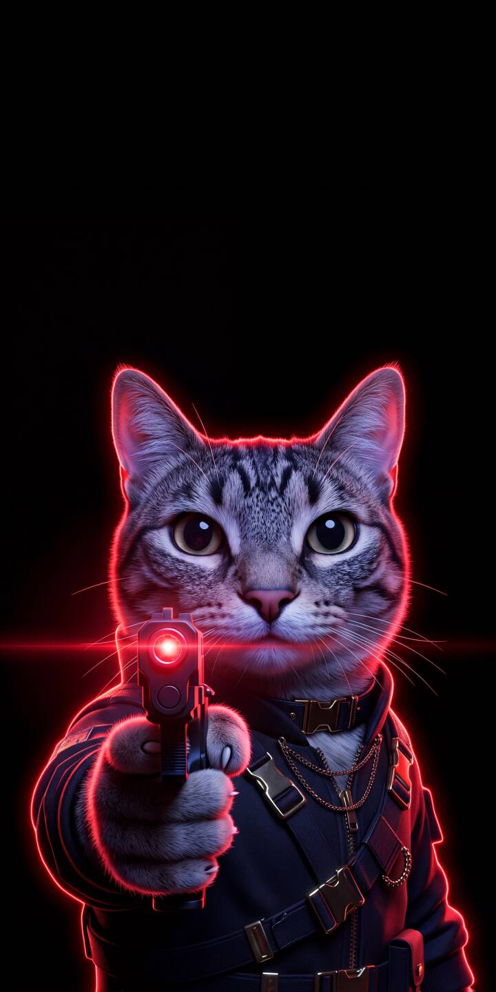 Crimson neon outlines a determined tabby cat, sporting tactical gear and aiming a laser-sighted pistol directly at the viewer, creating an intense 4K wallpaper that's perfect for any iPhone. | gun cat neon iphone wallpaper agent mobile 4k wallpaper hd wallpaper red glow tabby cat Crimson neon outlines a determined tabby cat, sporting tactical gear and aiming a laser-sighted pistol directly at the viewer, creating an intense 4K wallpaper that's perfect for any iPhone.