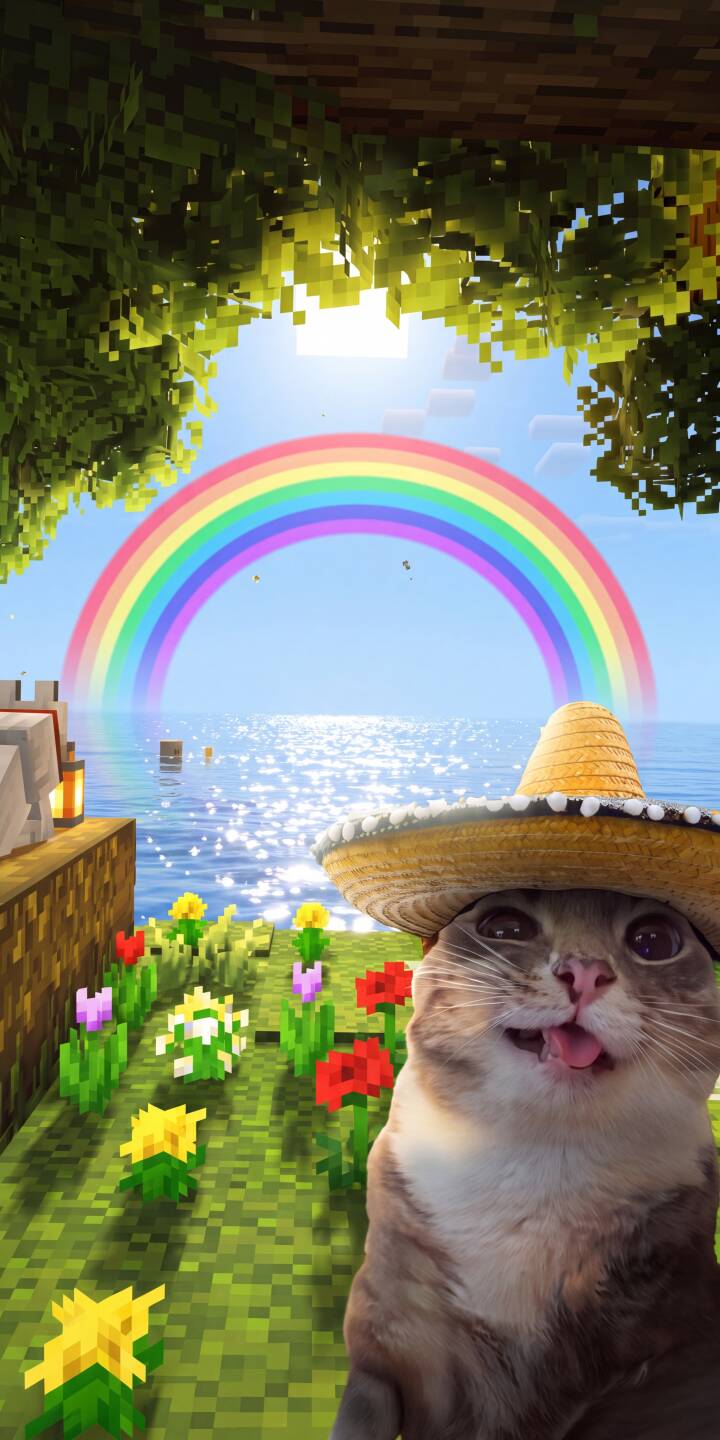 The adorable cat, tongue playfully out and wearing a sombrero, smiles in this cheerful 4K Minecraft landscape wallpaper, complete with a vivid rainbow and sparkling water—a perfect wallpaper for your iPhone. | meme funny sombrero cat rainbow minecraft cute iphone wallpaper mobile 4k wallpaper hd wallpaper The adorable cat, tongue playfully out and wearing a sombrero, smiles in this cheerful 4K Minecraft landscape wallpaper, complete with a vivid rainbow and sparkling water—a perfect wallpaper for your iPhone.