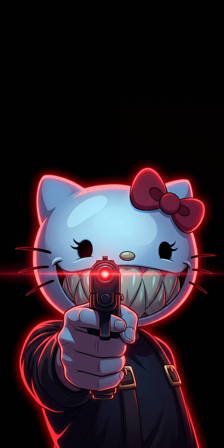 Jagged teeth and a sinister smile adorn a distorted Hello Kitty, aiming a gun with a bright red laser in this intense 4K wallpaper. This dark and edgy wallpaper is perfect for your iPhone. | aesthetic gun hello kitty iphone wallpaper mobile 4k wallpaper hd wallpaper red glow dark art creepy hello kitty laser sight Jagged teeth and a sinister smile adorn a distorted Hello Kitty, aiming a gun with a bright red laser in this intense 4K wallpaper. This dark and edgy wallpaper is perfect for your iPhone.