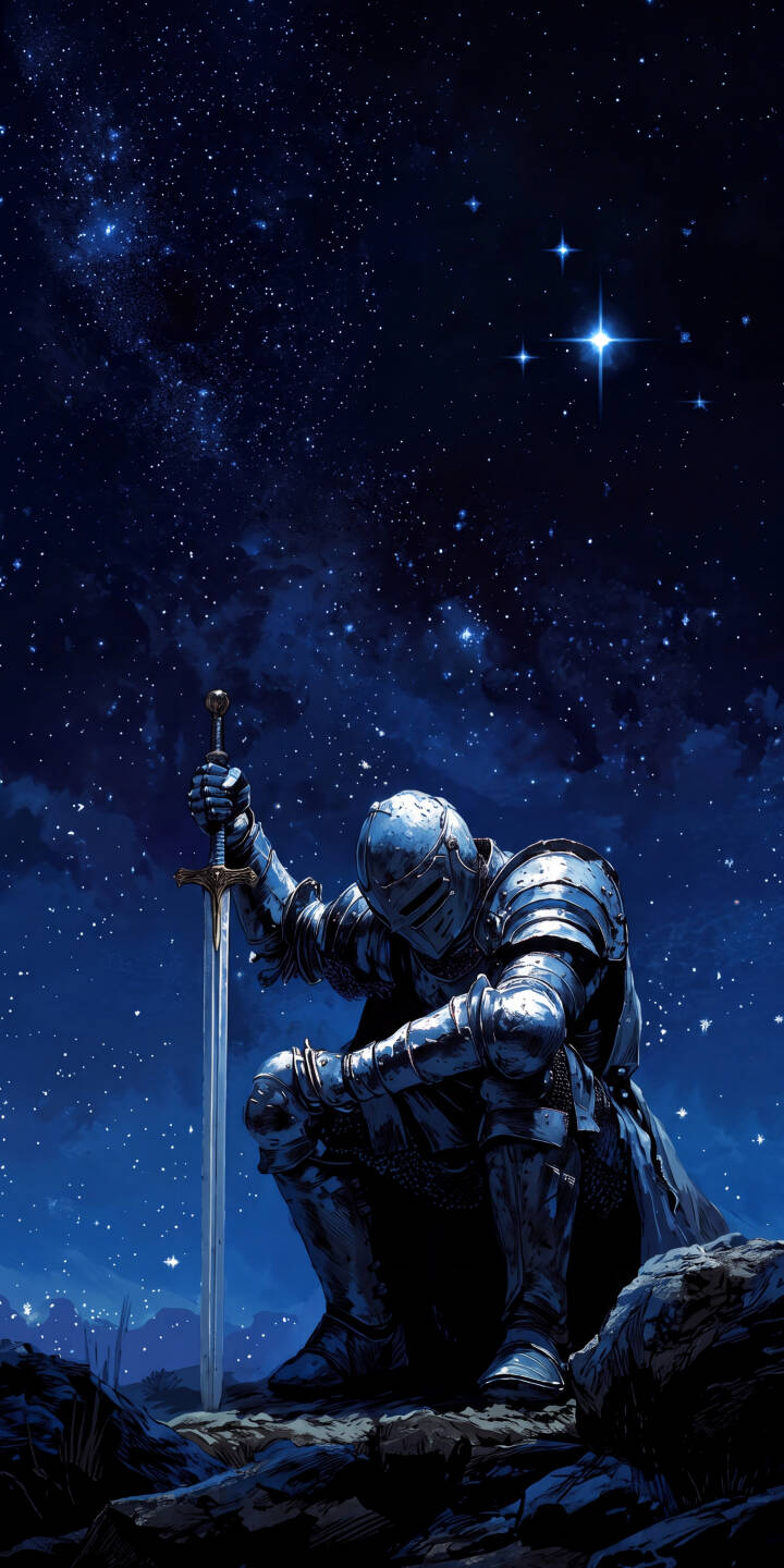 A brilliant lone star pierces the vast, cosmic expanse above a knight clad in gleaming blue armor, resting solemnly with his sword in this stunning 4K wallpaper, making an epic wallpaper for your iPhone. | sword armor night sky knight iphone fantasy stars wallpaper mobile 4k wallpaper hd wallpaper epic A brilliant lone star pierces the vast, cosmic expanse above a knight clad in gleaming blue armor, resting solemnly with his sword in this stunning 4K wallpaper, making an epic wallpaper for your iPhone.