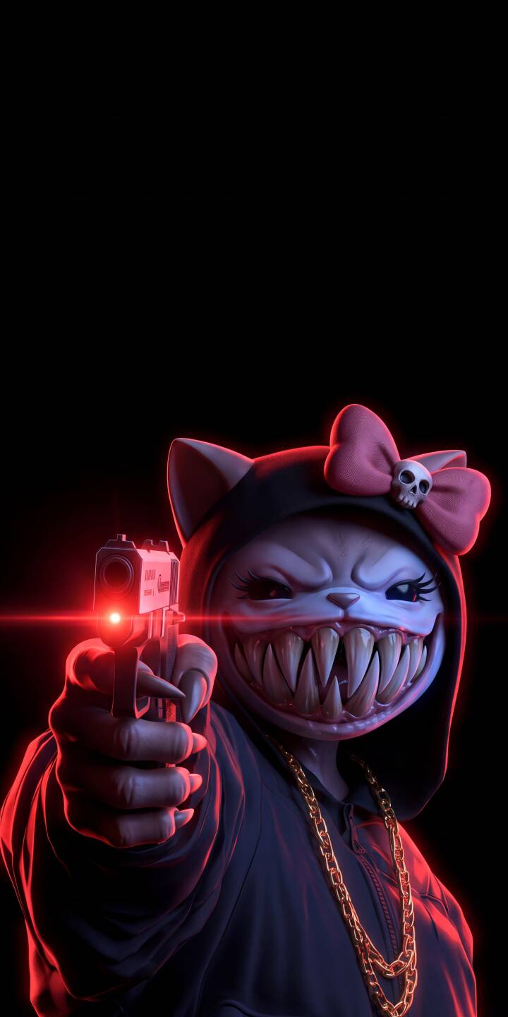 A menacing red laser dot shines from the pistol held by this sinister grinning cat character, detailed with sharp fangs and a golden chain in this striking 4K wallpaper. This terrifying feline wallpaper is perfect for personalizing your iPhone. | iphone wallpaper pistol mobile digital art 4k wallpaper hd wallpaper dark aesthetic horror art red laser creepy cat grinning cat A menacing red laser dot shines from the pistol held by this sinister grinning cat character, detailed with sharp fangs and a golden chain in this striking 4K wallpaper. This terrifying feline wallpaper is perfect for personalizing your iPhone.