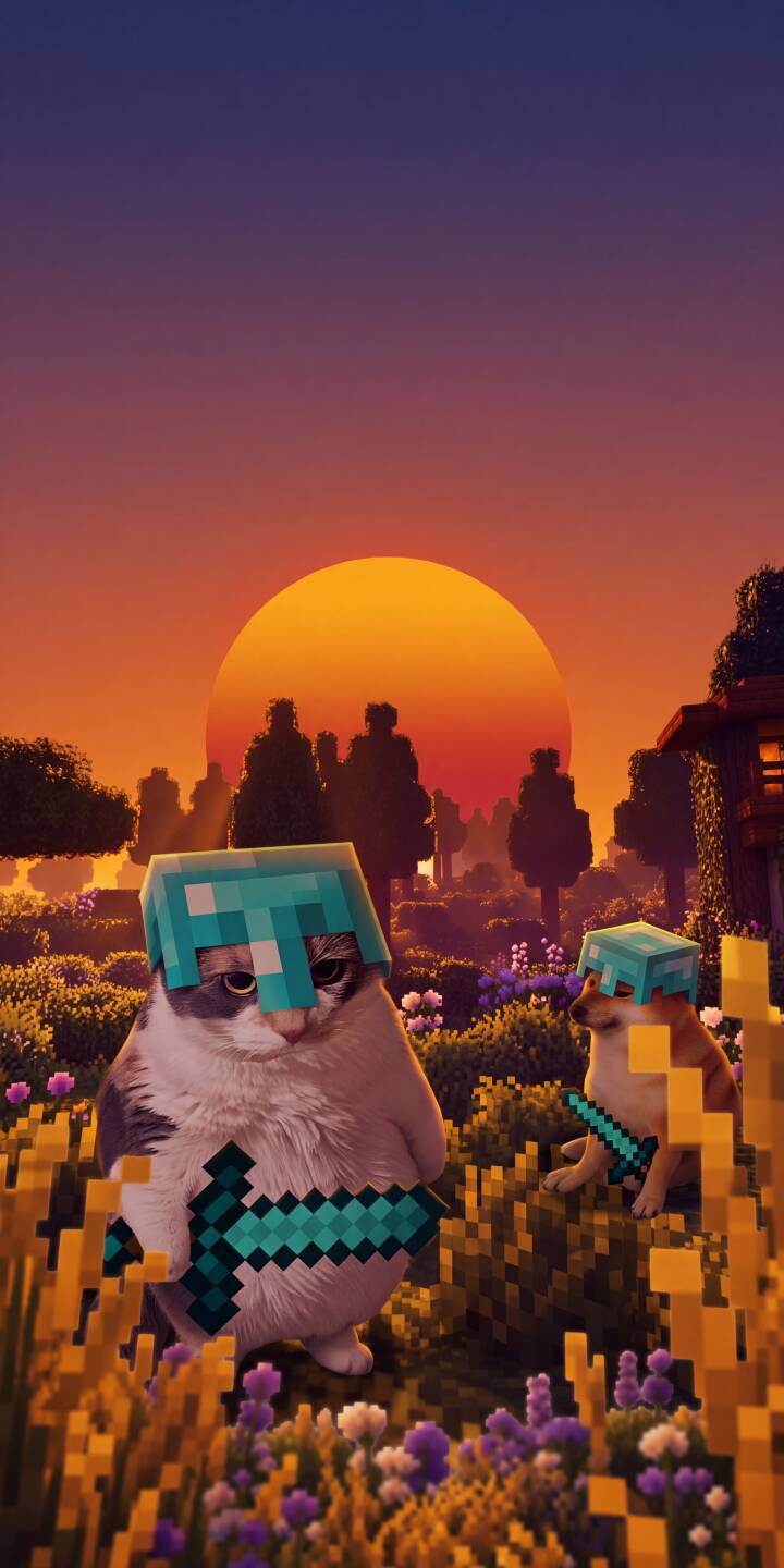 A fluffy cat and a loyal dog wear diamond helmets in this epic 4K Minecraft wallpaper, holding pixelated diamond swords. They stand under a vibrant orange sunset in a blocky landscape, making a fantastic iPhone wallpaper. | sunset dog cat minecraft iphone gaming wallpaper pets mobile 4k wallpaper hd wallpaper diamond helmet A fluffy cat and a loyal dog wear diamond helmets in this epic 4K Minecraft wallpaper, holding pixelated diamond swords. They stand under a vibrant orange sunset in a blocky landscape, making a fantastic iPhone wallpaper.
