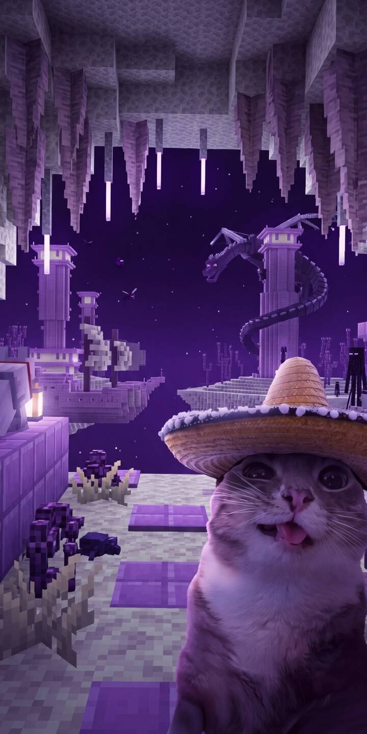 A hilarious cat wearing a straw sombrero and sticking out its tongue dominates the foreground, set against the ethereal purple sky of Minecraft's End dimension in this surreal 4K wallpaper. This captivating scene, complete with a distant Ender Dragon and Endermen, makes an unmissable wallpaper for iPhone users. | meme funny purple cat minecraft iphone wallpaper mobile 4k wallpaper hd wallpaper sombrero cat ender dragon A hilarious cat wearing a straw sombrero and sticking out its tongue dominates the foreground, set against the ethereal purple sky of Minecraft's End dimension in this surreal 4K wallpaper. This captivating scene, complete with a distant Ender Dragon and Endermen, makes an unmissable wallpaper for iPhone users.
