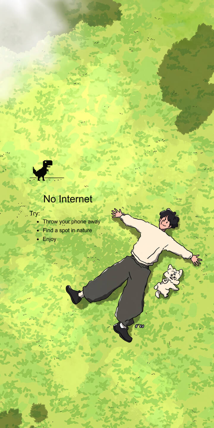 A serene scene unfolds as a person lies back in lush green grass, arms spread wide, accompanied by a small white cat and the ironic 'No Internet' message with a tiny pixelated dinosaur. This vibrant 4K wallpaper offers a unique digital detox theme, perfect for your iPhone lock screen. | illustration grass iphone minimalist wallpaper relaxing mobile no internet 4k wallpaper hd wallpaper digital detox chrome dinosaur game A serene scene unfolds as a person lies back in lush green grass, arms spread wide, accompanied by a small white cat and the ironic 'No Internet' message with a tiny pixelated dinosaur. This vibrant 4K wallpaper offers a unique digital detox theme, perfect for your iPhone lock screen.