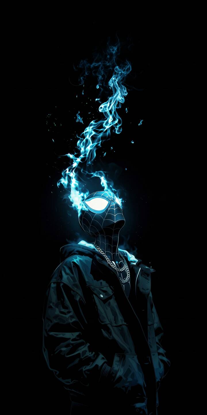 Vivid blue flames burst mysteriously from Spider-Man's head, casting an ethereal glow over his dark suit, sleek jacket, and metallic chains in this striking 4K wallpaper. This captivating street-style wallpaper is a perfect fit for personalizing your iPhone. | aesthetic dark superhero marvel spiderman iphone wallpaper mobile blue fire 4k wallpaper hd wallpaper spider-man Vivid blue flames burst mysteriously from Spider-Man's head, casting an ethereal glow over his dark suit, sleek jacket, and metallic chains in this striking 4K wallpaper. This captivating street-style wallpaper is a perfect fit for personalizing your iPhone.