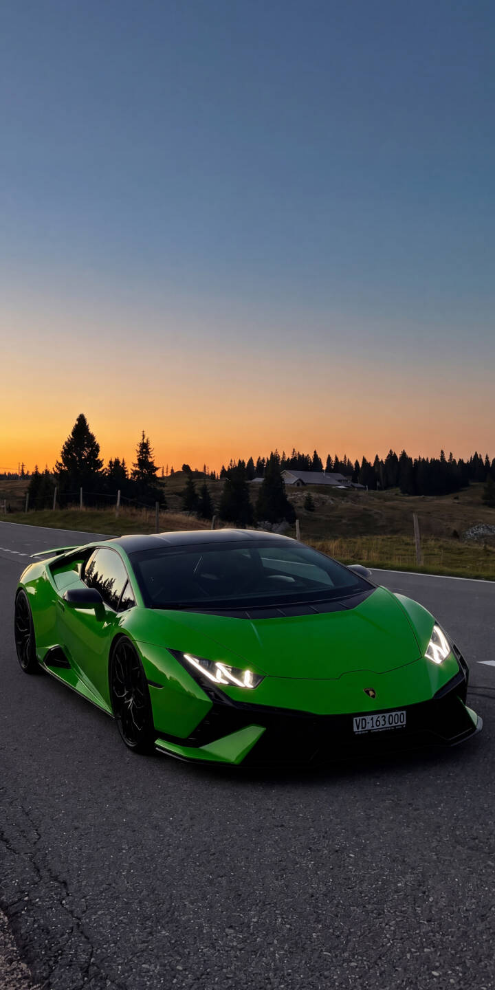 The vivid green Lamborghini glows with illuminated Y-shaped headlights on a scenic road against a stunning sunset sky in this dynamic 4K wallpaper. This premium wallpaper for iPhone perfectly captures the sleek luxury of the sports car. | sunset sports car iphone lamborghini huracan luxury wallpaper mobile green car 4k wallpaper hd wallpaper automotive The vivid green Lamborghini glows with illuminated Y-shaped headlights on a scenic road against a stunning sunset sky in this dynamic 4K wallpaper. This premium wallpaper for iPhone perfectly captures the sleek luxury of the sports car.