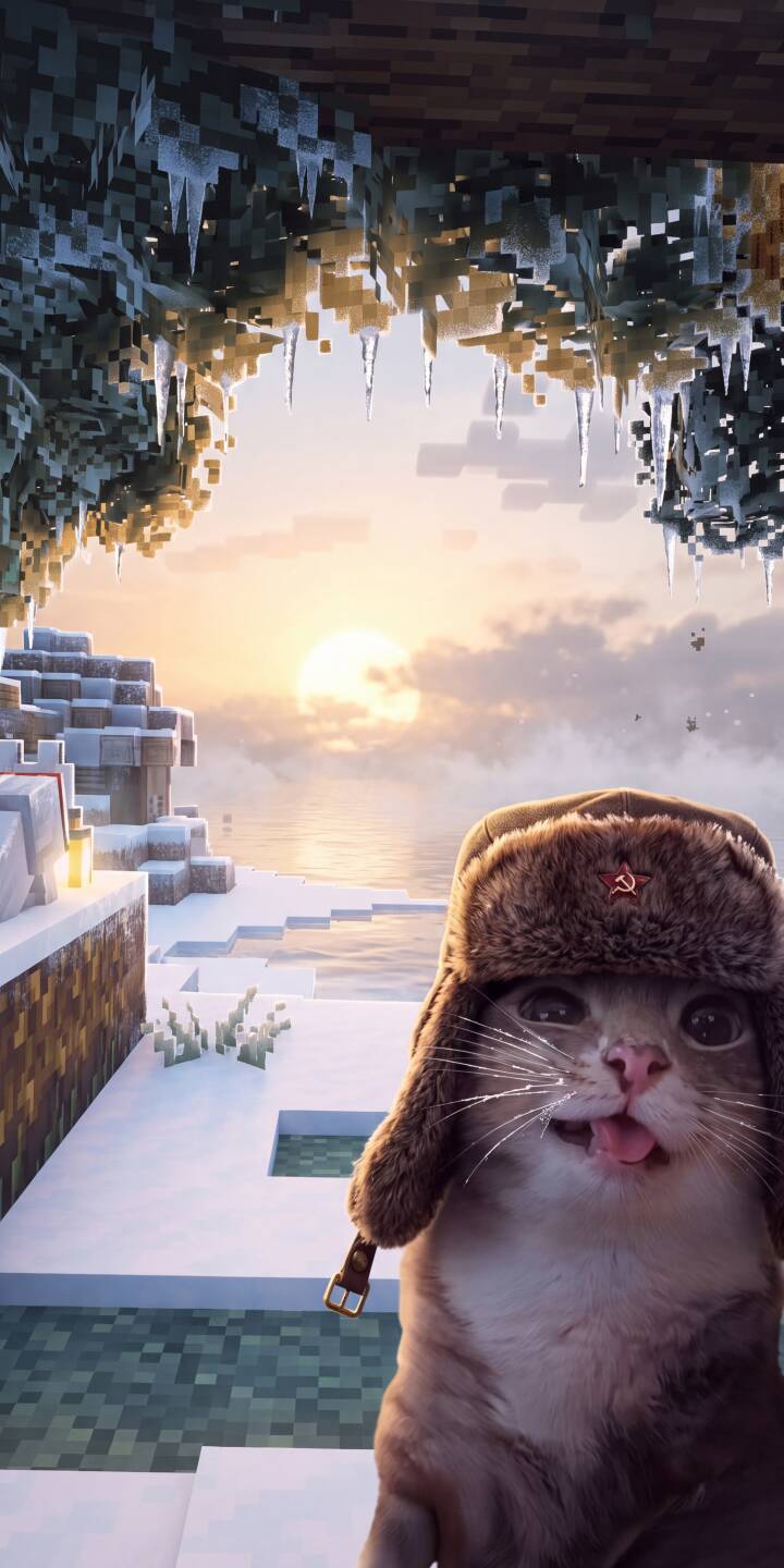 A mischievous cat, sporting a Soviet-star ushanka and an adorable tongue-out expression, brings warmth to a frosty 4K Minecraft-inspired winter landscape. This charming cat wallpaper is a perfect cozy winter wallpaper for your iPhone. | funny cat snow winter minecraft cute iphone wallpaper mobile 4k wallpaper hd wallpaper ushanka A mischievous cat, sporting a Soviet-star ushanka and an adorable tongue-out expression, brings warmth to a frosty 4K Minecraft-inspired winter landscape. This charming cat wallpaper is a perfect cozy winter wallpaper for your iPhone.