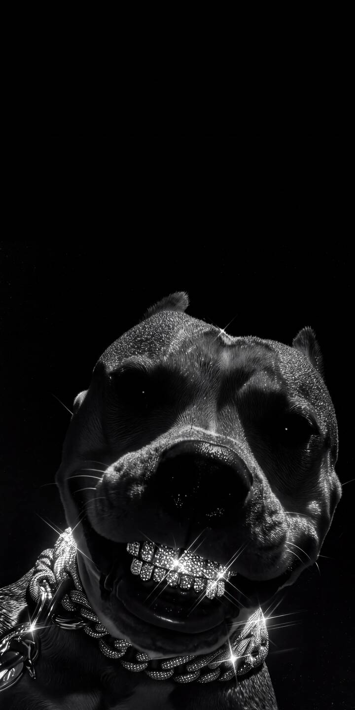 The brilliant sparkle of diamond grills illuminates this monochrome 4K pitbull wallpaper, highlighting the unique style of the dog also adorned with a heavy, glittering chain. This striking image makes for an incredibly cool iPhone wallpaper. | aesthetic dog iphone wallpaper black and white mobile 4k wallpaper hd wallpaper canine diamond grills iced out pitbull The brilliant sparkle of diamond grills illuminates this monochrome 4K pitbull wallpaper, highlighting the unique style of the dog also adorned with a heavy, glittering chain. This striking image makes for an incredibly cool iPhone wallpaper.