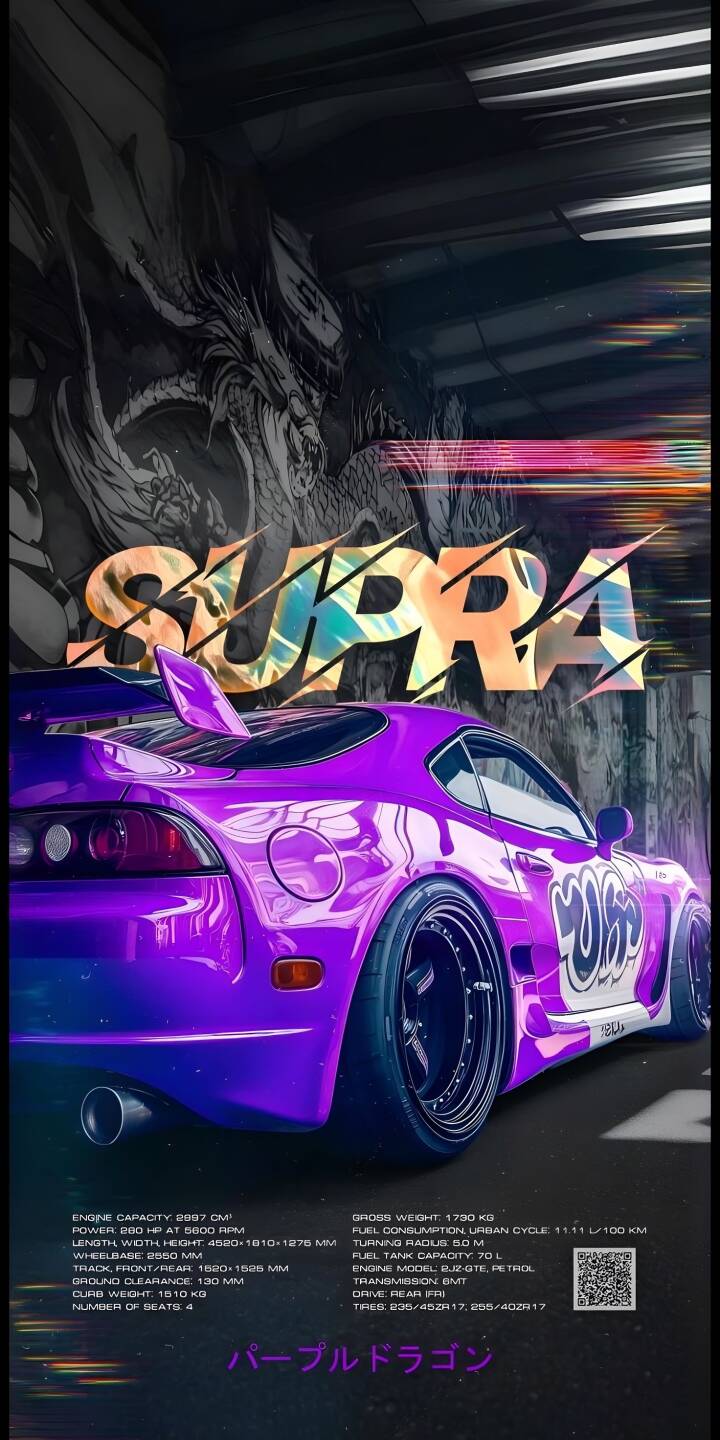 A sleek purple Toyota Supra widebody pops with neon streaks and a striking dragon graffiti backdrop in this vibrant 4K wallpaper—an essential aesthetic wallpaper for iPhone users. | aesthetic car 4k iphone wallpaper A sleek purple Toyota Supra widebody pops with neon streaks and a striking dragon graffiti backdrop in this vibrant 4K wallpaper—an essential aesthetic wallpaper for iPhone users.