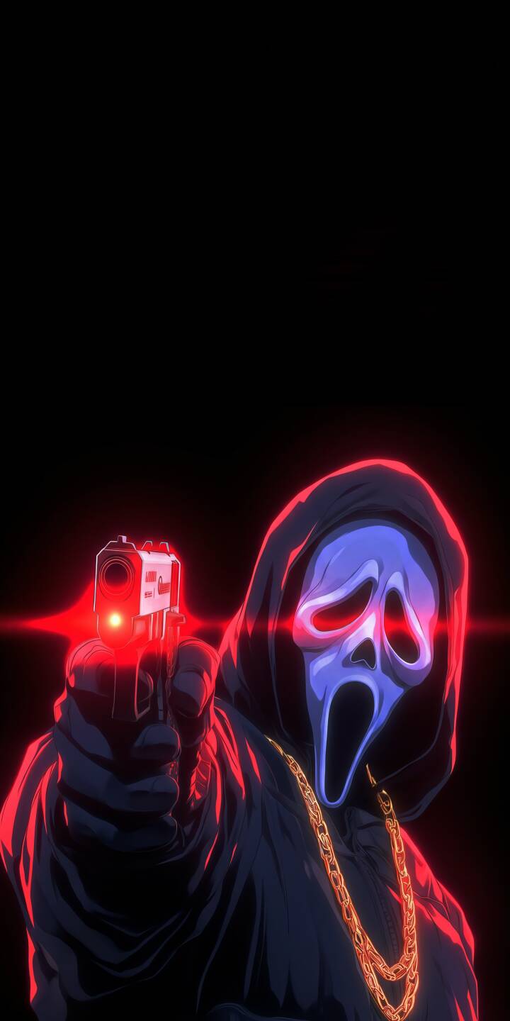Crimson neon highlights frame the menacing, blue-masked Ghostface as he points a gleaming silver gun directly at you in this striking 4K wallpaper. This dark and unique wallpaper, complete with a gold chain detail, is a must-have for any iPhone screen. | dark gun neon iphone wallpaper horror scream killer mobile ghostface 4k wallpaper hd wallpaper Crimson neon highlights frame the menacing, blue-masked Ghostface as he points a gleaming silver gun directly at you in this striking 4K wallpaper. This dark and unique wallpaper, complete with a gold chain detail, is a must-have for any iPhone screen.