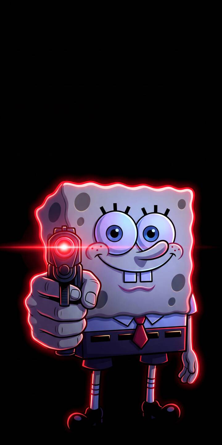 A chilling red neon glow outlines Spongebob, who stares unsettlingly forward while pointing a laser-sighted gun in this unique 4K wallpaper. This dark aesthetic Spongebob wallpaper is perfect for iPhone users looking for a distinct and edgy look. | cartoon aesthetic meme spongebob dark gun neon iphone wallpaper mobile 4k wallpaper hd wallpaper A chilling red neon glow outlines Spongebob, who stares unsettlingly forward while pointing a laser-sighted gun in this unique 4K wallpaper. This dark aesthetic Spongebob wallpaper is perfect for iPhone users looking for a distinct and edgy look.