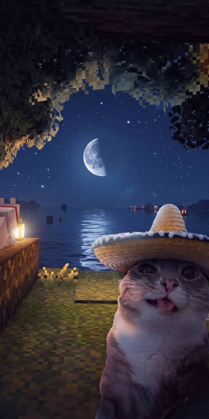 A mischievous cat wearing a straw sombrero cheekily sticks out its tongue, set against a stunning 4K Minecraft-style night scene with a radiant moon reflecting on serene water. This whimsical wallpaper is a perfect iPhone wallpaper for fans of unique and charming images. | funny sombrero cat minecraft iphone wallpaper kitten mobile pixel art 4k wallpaper hd wallpaper moonlit A mischievous cat wearing a straw sombrero cheekily sticks out its tongue, set against a stunning 4K Minecraft-style night scene with a radiant moon reflecting on serene water. This whimsical wallpaper is a perfect iPhone wallpaper for fans of unique and charming images.