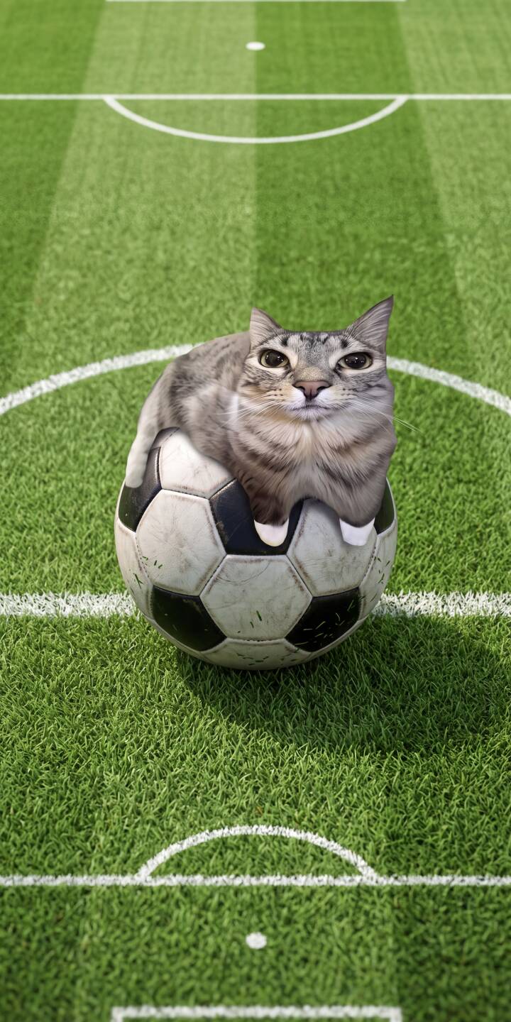 A tabby cat is comically tucked inside a classic black and white soccer ball, displaying a curious expression amidst a vibrant green football field in this delightful 4K wallpaper. This amusing scene makes for a unique mobile wallpaper perfect for iPhone users. | sports football funny cat cute iphone soccer wallpaper mobile 4k wallpaper hd wallpaper feline A tabby cat is comically tucked inside a classic black and white soccer ball, displaying a curious expression amidst a vibrant green football field in this delightful 4K wallpaper. This amusing scene makes for a unique mobile wallpaper perfect for iPhone users.