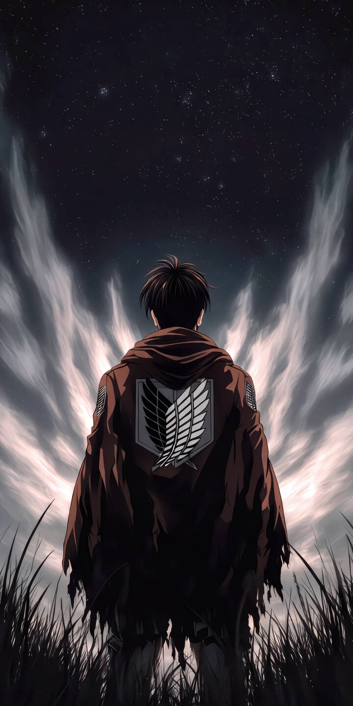The iconic Wings of Freedom emblem gleams on Eren Yeager's ragged Survey Corps cape as he gazes up at a vast, star-filled night sky in this stunning 4K wallpaper. This powerful anime scene makes an epic wallpaper for iPhone, capturing a moment of contemplation amidst rising ethereal clouds. | anime iphone wallpaper mobile attack on titan 4k wallpaper hd wallpaper epic aot eren yeager scout regiment starlit The iconic Wings of Freedom emblem gleams on Eren Yeager's ragged Survey Corps cape as he gazes up at a vast, star-filled night sky in this stunning 4K wallpaper. This powerful anime scene makes an epic wallpaper for iPhone, capturing a moment of contemplation amidst rising ethereal clouds.