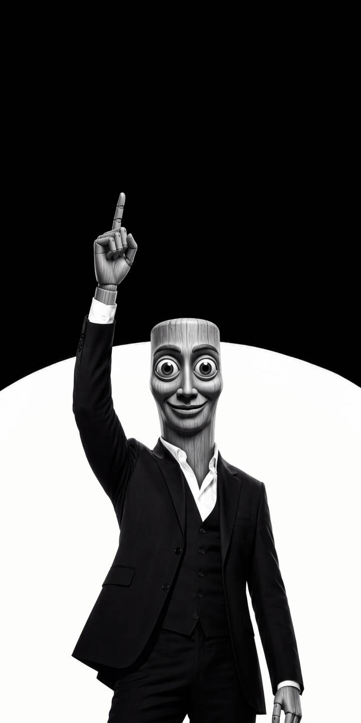 The wooden-textured face, with its wide, uncanny smile and prominent eyes, points skyward with a stylized hand in this striking 4K wallpaper, making for a unique black and white wallpaper for iPhone. | iphone minimalist wallpaper black and white mobile 4k wallpaper hd wallpaper surreal art pointing hand formal suit abstract figure wooden man The wooden-textured face, with its wide, uncanny smile and prominent eyes, points skyward with a stylized hand in this striking 4K wallpaper, making for a unique black and white wallpaper for iPhone.
