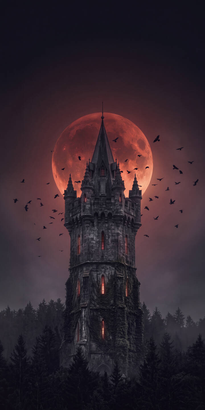 A blood-red moon hangs ominously behind a shadowed Gothic tower, its windows glowing faintly, creating a captivating 4K wallpaper for iPhone. A flock of ravens encircles the ancient structure, making this an ideal dark fantasy wallpaper. | ravens iphone fantasy spooky wallpaper mobile 4k wallpaper hd wallpaper blood moon eerie dark castle gothic tower A blood-red moon hangs ominously behind a shadowed Gothic tower, its windows glowing faintly, creating a captivating 4K wallpaper for iPhone. A flock of ravens encircles the ancient structure, making this an ideal dark fantasy wallpaper.
