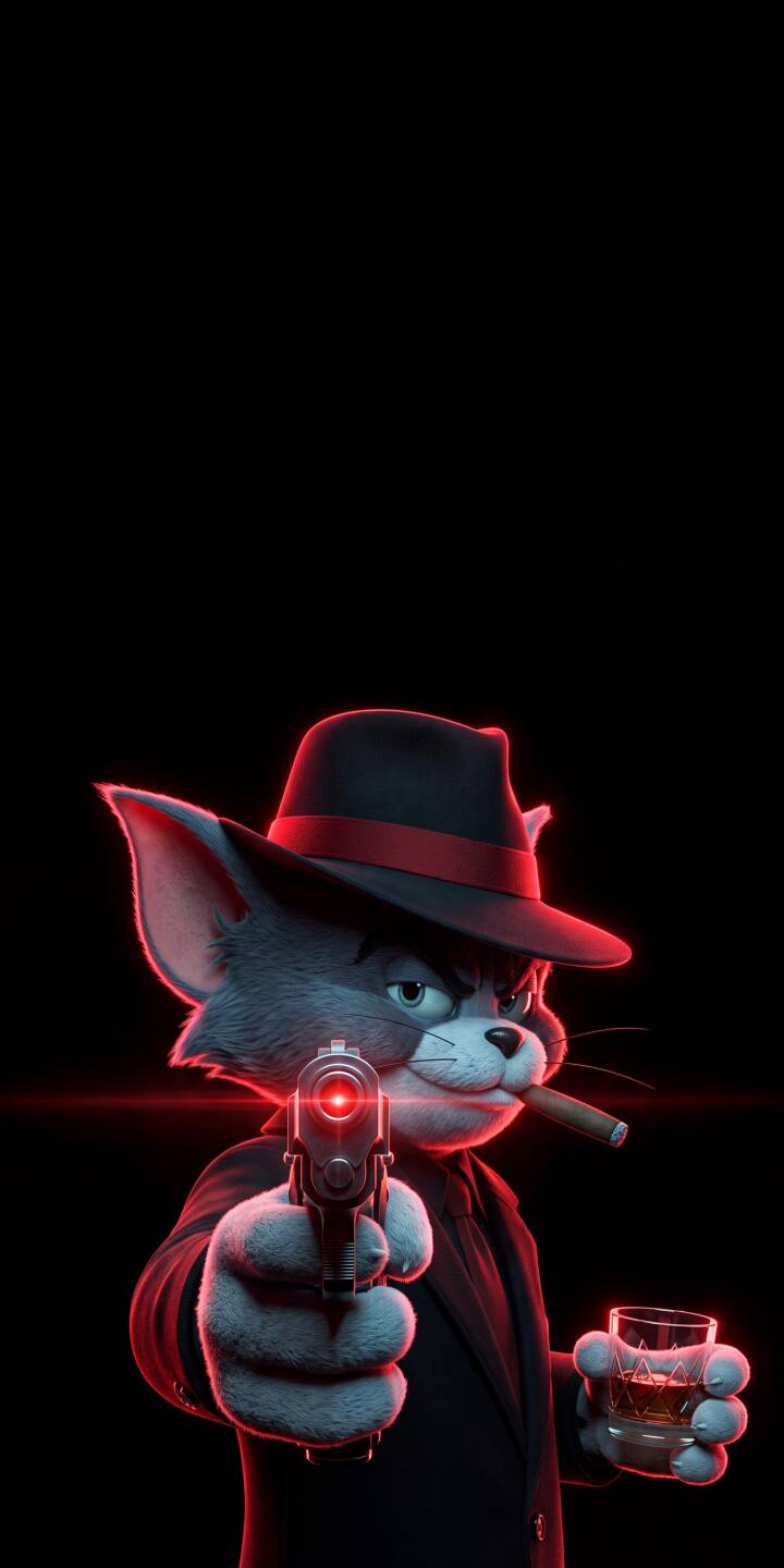 The glowing red laser sight on Tom's pistol pierces the darkness as he, dressed in a sharp fedora and smoking a cigar, offers a dangerous gaze in this striking 4K wallpaper — an intense mobile wallpaper perfect for iPhone. | gun gangster iphone tom tom and jerry wallpaper mobile 4k wallpaper hd wallpaper dark aesthetic fedora red neon The glowing red laser sight on Tom's pistol pierces the darkness as he, dressed in a sharp fedora and smoking a cigar, offers a dangerous gaze in this striking 4K wallpaper — an intense mobile wallpaper perfect for iPhone.