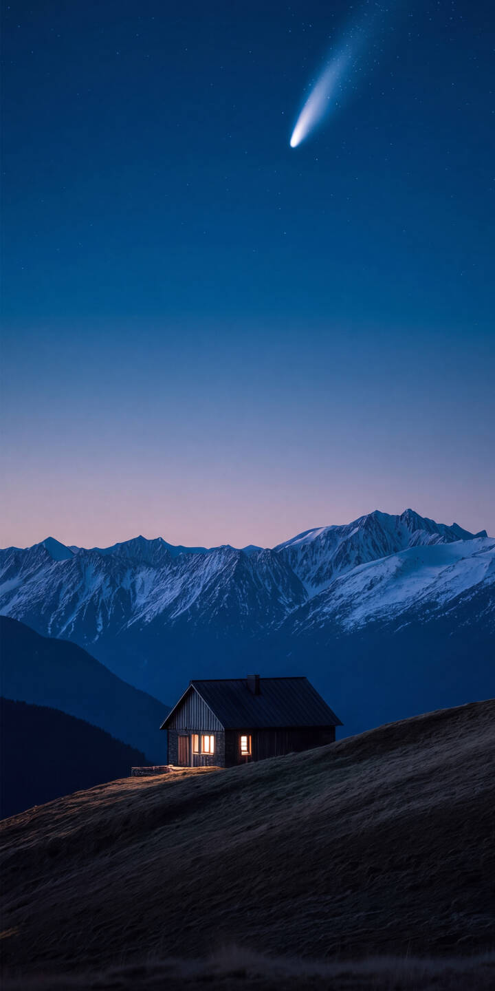 Warm lights glow invitingly from a solitary mountain cabin as a spectacular comet blazes across the serene 4K twilight sky above snow-capped peaks. This atmospheric wallpaper is perfect for an iPhone, offering a blend of nature and cosmic wonder. | landscape night sky iphone mountains wallpaper mobile comet cabin 4k wallpaper hd wallpaper astronomy serene Warm lights glow invitingly from a solitary mountain cabin as a spectacular comet blazes across the serene 4K twilight sky above snow-capped peaks. This atmospheric wallpaper is perfect for an iPhone, offering a blend of nature and cosmic wonder.