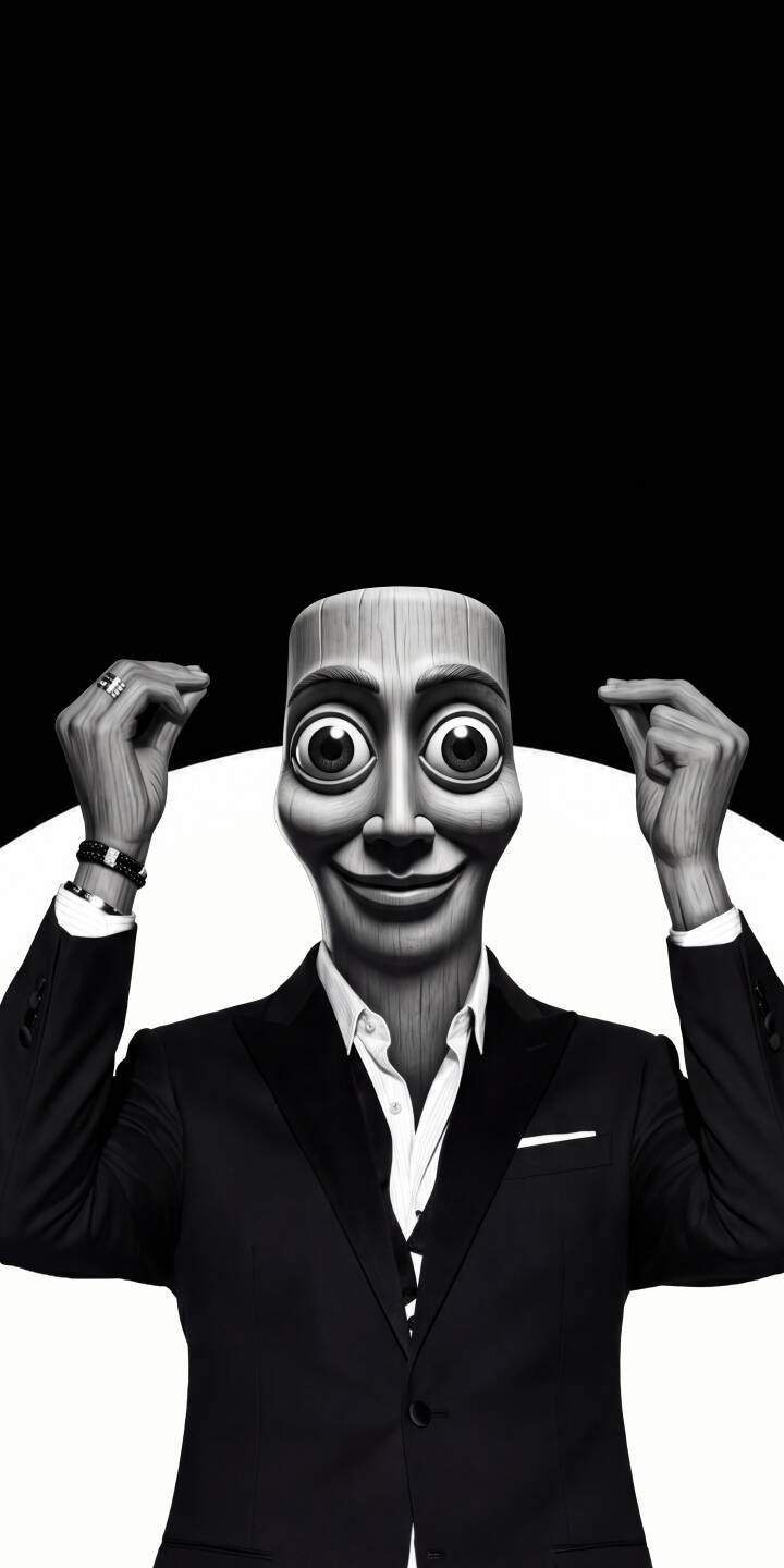 The unsettling wide smile and huge, cartoonish eyes of the wooden-faced figure stare out from this striking 4K wallpaper, featuring a man in a sharp black suit against a minimalist black and white background - a unique wallpaper for iPhone users. | suit iphone minimalist wallpaper black and white big eyes mobile 4k wallpaper hd wallpaper surreal wooden face puppet man The unsettling wide smile and huge, cartoonish eyes of the wooden-faced figure stare out from this striking 4K wallpaper, featuring a man in a sharp black suit against a minimalist black and white background - a unique wallpaper for iPhone users.