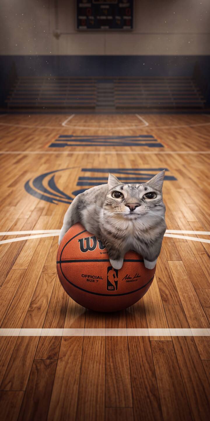 A wide-eyed cat with a hilariously unimpressed expression sits plumply atop an official Wilson NBA basketball in this adorable 4K wallpaper. This charming scene on a classic wooden basketball court makes a purr-fect wallpaper for your iPhone. | basketball nba funny animal cat cute iphone wallpaper mobile 4k wallpaper hd wallpaper feline A wide-eyed cat with a hilariously unimpressed expression sits plumply atop an official Wilson NBA basketball in this adorable 4K wallpaper. This charming scene on a classic wooden basketball court makes a purr-fect wallpaper for your iPhone.