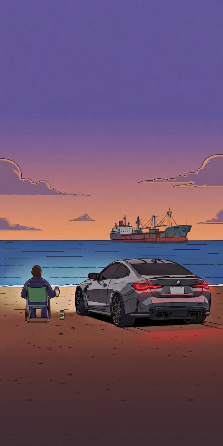The tranquil blend of warm orange and deep purple in the sunset sky creates a serene backdrop for this captivating 4K BMW M4 wallpaper, featuring a lone figure relaxing on the beach with the ocean and a cargo ship in the distance. This unique illustration offers a peaceful escape, making it an ideal wallpaper for iPhone users seeking a blend of automotive and scenic beauty. | illustration sunset car beach iphone bmw ocean wallpaper bmw m4 mobile 4k wallpaper hd wallpaper The tranquil blend of warm orange and deep purple in the sunset sky creates a serene backdrop for this captivating 4K BMW M4 wallpaper, featuring a lone figure relaxing on the beach with the ocean and a cargo ship in the distance. This unique illustration offers a peaceful escape, making it an ideal wallpaper for iPhone users seeking a blend of automotive and scenic beauty.