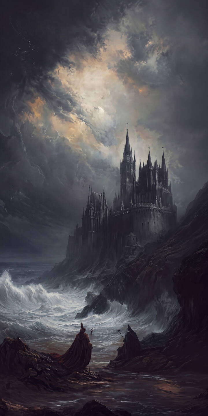 Turbulent dark clouds part dramatically over a formidable gothic castle, its spires piercing the storm-swept sky while two mysterious robed figures stand on the rocky shore, watching waves crash below in this captivating 4K wallpaper. This epic fantasy scene is a perfect wallpaper for your iPhone, showcasing intricate detail and a powerful atmosphere. | dark storm castle iphone wizard wallpaper mobile gothic castle 4k wallpaper hd wallpaper ocean waves fantasy art Turbulent dark clouds part dramatically over a formidable gothic castle, its spires piercing the storm-swept sky while two mysterious robed figures stand on the rocky shore, watching waves crash below in this captivating 4K wallpaper. This epic fantasy scene is a perfect wallpaper for your iPhone, showcasing intricate detail and a powerful atmosphere.