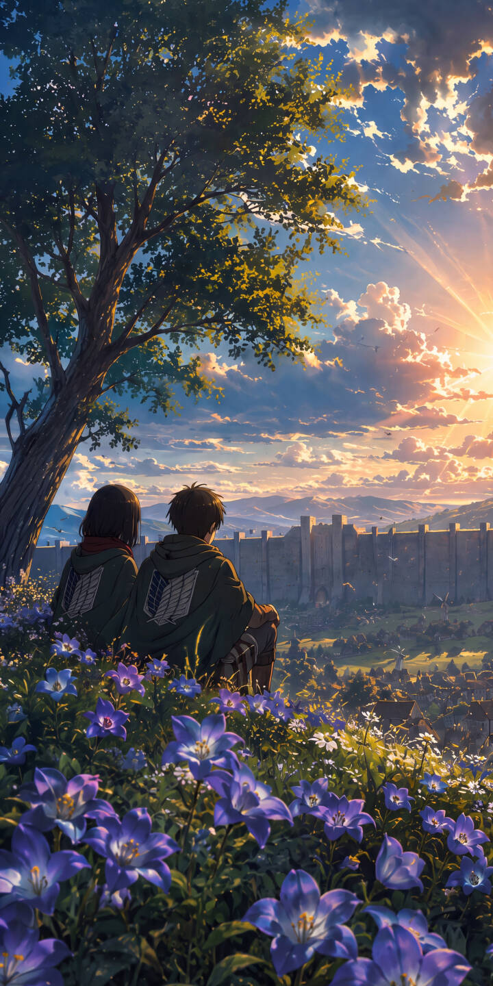 Golden light from a dramatic sunset bathes Eren and Mikasa as they gaze over the massive walls and a field of vibrant purple flowers. This stunning 4K Attack on Titan scene makes an ideal iPhone wallpaper, a breathtaking wallpaper for any fan. | sunset anime iphone wallpaper mobile attack on titan 4k wallpaper hd wallpaper aot eren yeager serene mikasa ackerman Golden light from a dramatic sunset bathes Eren and Mikasa as they gaze over the massive walls and a field of vibrant purple flowers. This stunning 4K Attack on Titan scene makes an ideal iPhone wallpaper, a breathtaking wallpaper for any fan.