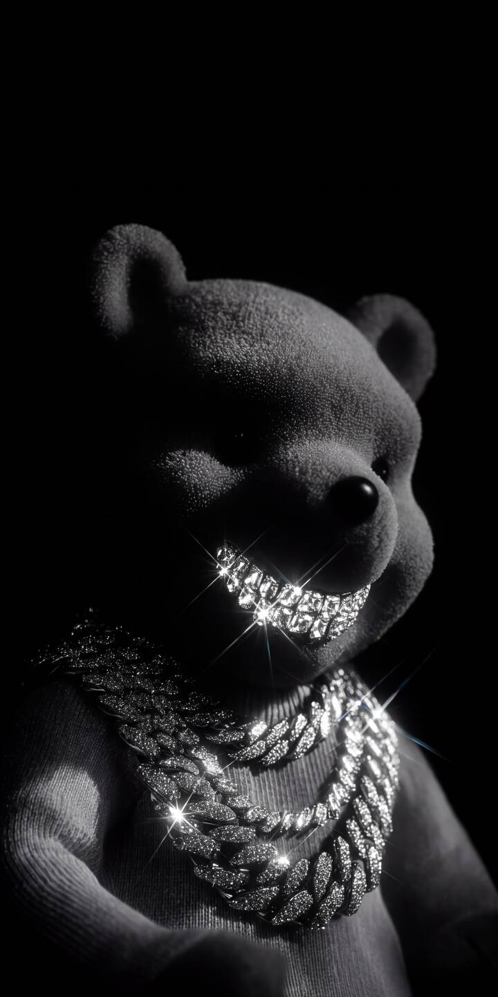 Sparkling diamond grillz and heavy iced-out chains gleam brightly against the plush texture of this unique monochrome bear in this striking 4K wallpaper, making for a luxurious wallpaper choice for iPhone. | bear teddy diamond iphone luxury wallpaper grillz mobile 4k wallpaper hd wallpaper monochrome iced out Sparkling diamond grillz and heavy iced-out chains gleam brightly against the plush texture of this unique monochrome bear in this striking 4K wallpaper, making for a luxurious wallpaper choice for iPhone.