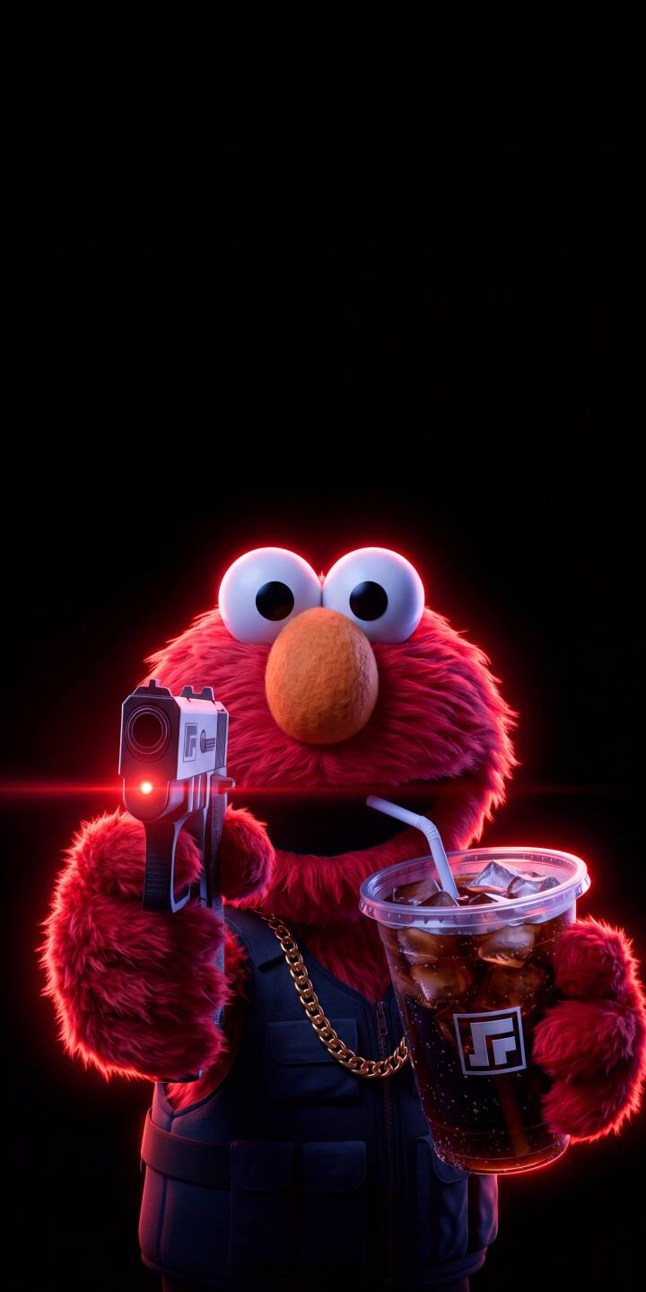 The glowing red laser sight from Elmo's gun pierces the darkness, as the plush character sports a gold chain and vest while holding a cool drink in this striking 4K wallpaper. This intense Elmo wallpaper is a perfect fit for any iPhone, delivering a unique blend of menace and meme-worthy style. | meme gun iphone wallpaper mobile sesame street elmo 4k wallpaper hd wallpaper dark aesthetic muppet gangster elmo The glowing red laser sight from Elmo's gun pierces the darkness, as the plush character sports a gold chain and vest while holding a cool drink in this striking 4K wallpaper. This intense Elmo wallpaper is a perfect fit for any iPhone, delivering a unique blend of menace and meme-worthy style.