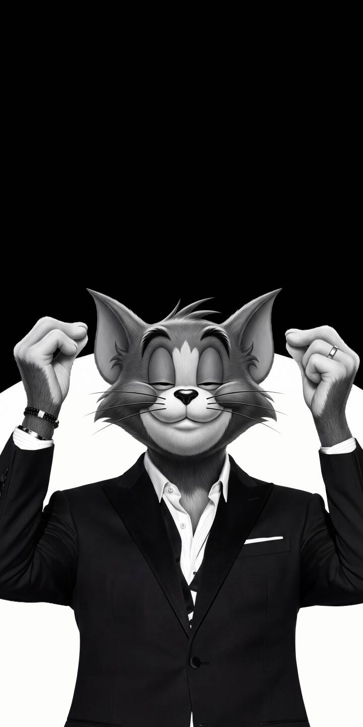 Tom's iconic closed-eye smile beams with sophisticated charm while sporting a sharp black suit in this minimalist 4K wallpaper. This elegant monochrome wallpaper is a perfect fit for iPhone, showcasing the classic cartoon cat in a uniquely dapper style. | cartoon suit iphone tom tom and jerry wallpaper black and white mobile 4k wallpaper hd wallpaper tom cat dapper Tom's iconic closed-eye smile beams with sophisticated charm while sporting a sharp black suit in this minimalist 4K wallpaper. This elegant monochrome wallpaper is a perfect fit for iPhone, showcasing the classic cartoon cat in a uniquely dapper style.