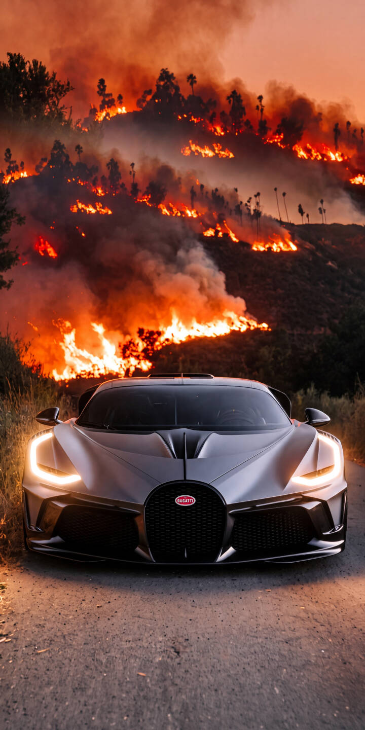 Fiery hillsides ignite the background, creating a dramatic backdrop for the sleek grey Bugatti with its glowing headlights in this stunning 4K wallpaper. This intense scene makes for an extraordinary iPhone wallpaper experience. | fire iphone bugatti wallpaper sportscar wildfire hypercar mobile 4k wallpaper hd wallpaper automotive dramatic Fiery hillsides ignite the background, creating a dramatic backdrop for the sleek grey Bugatti with its glowing headlights in this stunning 4K wallpaper. This intense scene makes for an extraordinary iPhone wallpaper experience.