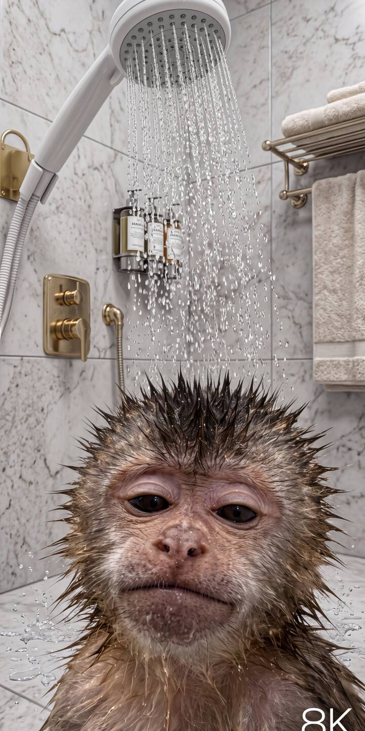 A baby monkey's fur is comically spiky and drenched as it endures a shower, its face gazing out with a slightly solemn expression in this stunning 8K wallpaper for iPhone. The luxurious marble shower and golden fixtures provide a striking contrast to the tiny, wet monkey, making for a truly unique wallpaper. | animal iphone monkey realistic wallpaper mobile wet 4k wallpaper hd wallpaper baby monkey shower cute monkey A baby monkey's fur is comically spiky and drenched as it endures a shower, its face gazing out with a slightly solemn expression in this stunning 8K wallpaper for iPhone. The luxurious marble shower and golden fixtures provide a striking contrast to the tiny, wet monkey, making for a truly unique wallpaper.