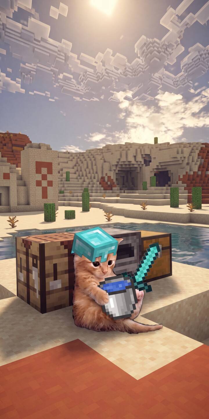 An adorable ginger kitten, geared with a shiny diamond helmet and sword, clutches a water bucket near a crafting table in this charming 4K Minecraft wallpaper -- a delightful wallpaper for iPhone screens. | cat minecraft cute iphone gaming wallpaper kitten mobile pixel art 4k wallpaper hd wallpaper diamond gear An adorable ginger kitten, geared with a shiny diamond helmet and sword, clutches a water bucket near a crafting table in this charming 4K Minecraft wallpaper -- a delightful wallpaper for iPhone screens.