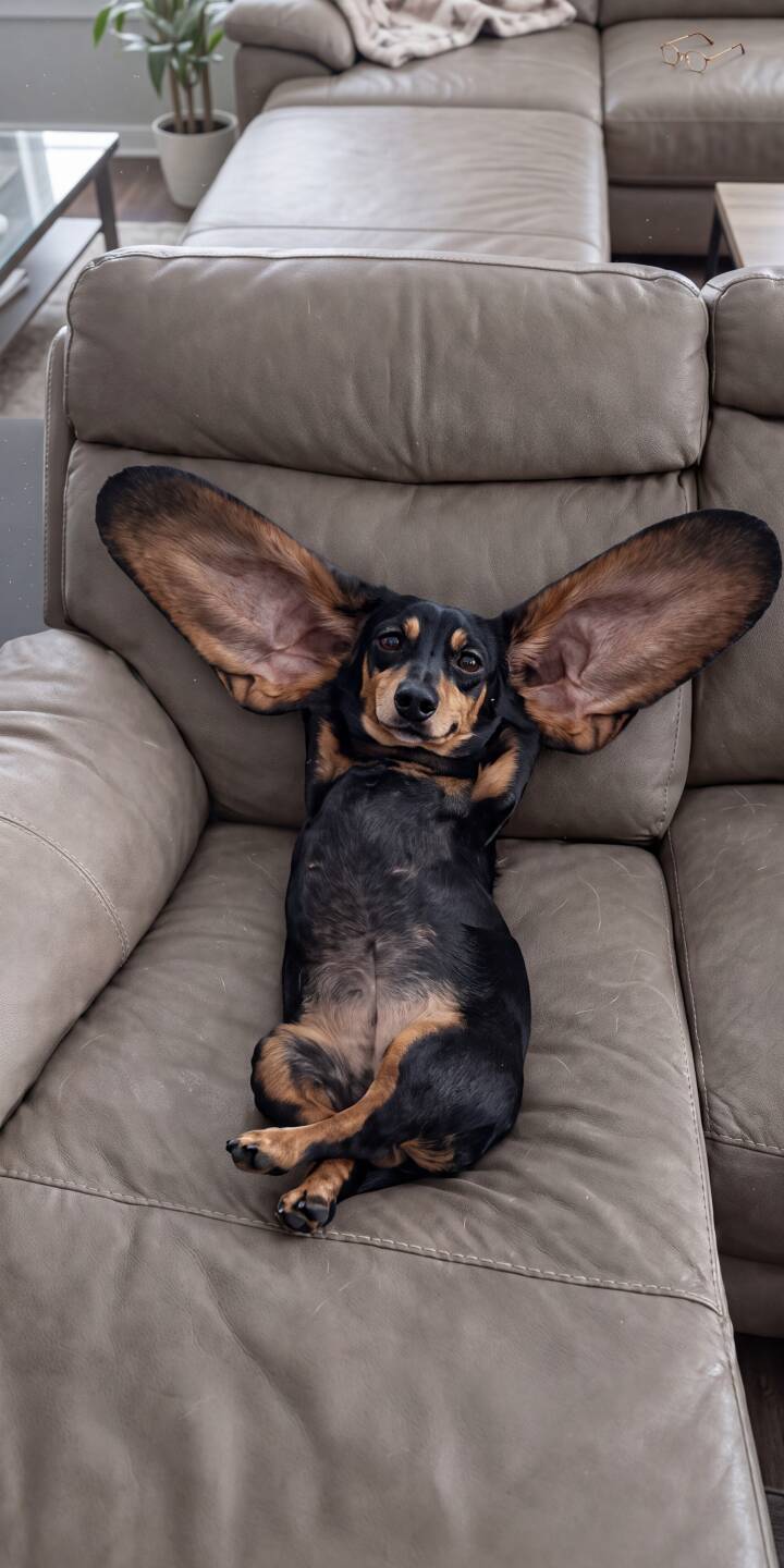 With ears comically splayed wide, this relaxed Dachshund lies belly up and paws behind its head on a cozy modern couch in this charming 4K wallpaper â an adorable wallpaper for iPhone. | funny dog pet cute iphone wallpaper relaxing mobile 4k wallpaper hd wallpaper dachshund big ears With ears comically splayed wide, this relaxed Dachshund lies belly up and paws behind its head on a cozy modern couch in this charming 4K wallpaper â an adorable wallpaper for iPhone.
