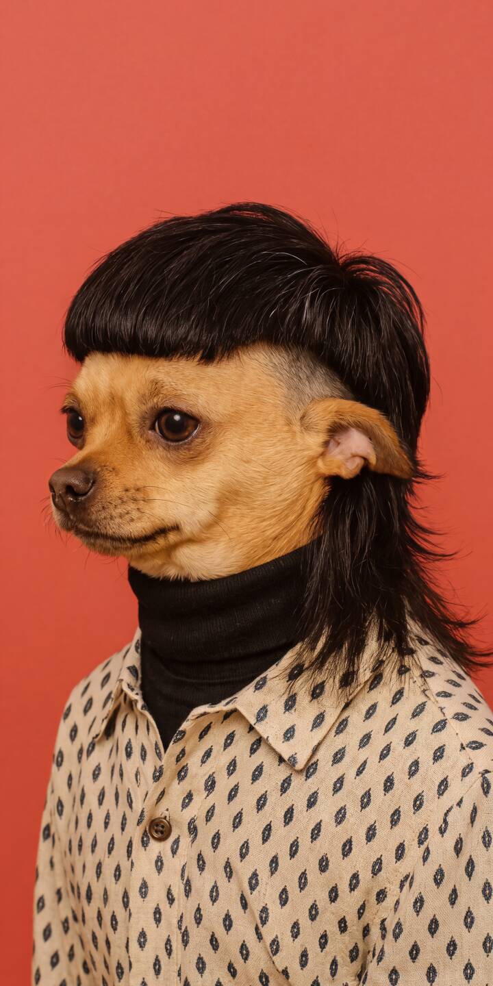 A stylish chihuahua rocks a dark mullet haircut and a chic black turtleneck beneath a patterned shirt, making for a uniquely fashionable 4K wallpaper that's perfect for your iPhone. This aesthetic dog wallpaper is sure to bring a smile. | aesthetic funny dog pet iphone stylish wallpaper mobile mullet 4k wallpaper hd wallpaper chihuahua A stylish chihuahua rocks a dark mullet haircut and a chic black turtleneck beneath a patterned shirt, making for a uniquely fashionable 4K wallpaper that's perfect for your iPhone. This aesthetic dog wallpaper is sure to bring a smile.