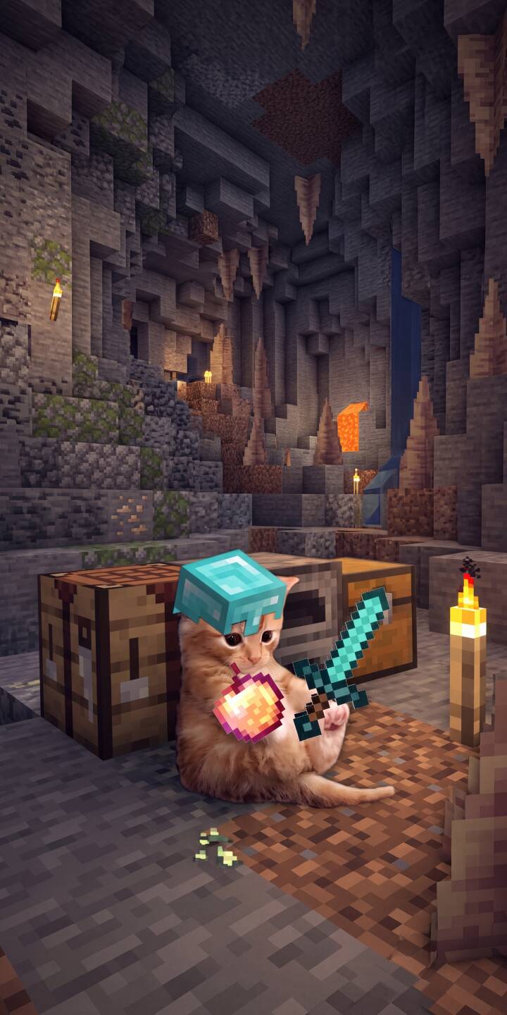 An adorable ginger cat in a diamond helmet clutches a glowing enchanted apple and a diamond sword, ready for adventure in this vibrant 4K Minecraft cave wallpaper. This charming scene makes for an excellent wallpaper for iPhone users. | cat cave minecraft cute iphone kitty wallpaper gamer mobile 4k wallpaper hd wallpaper diamond gear An adorable ginger cat in a diamond helmet clutches a glowing enchanted apple and a diamond sword, ready for adventure in this vibrant 4K Minecraft cave wallpaper. This charming scene makes for an excellent wallpaper for iPhone users.