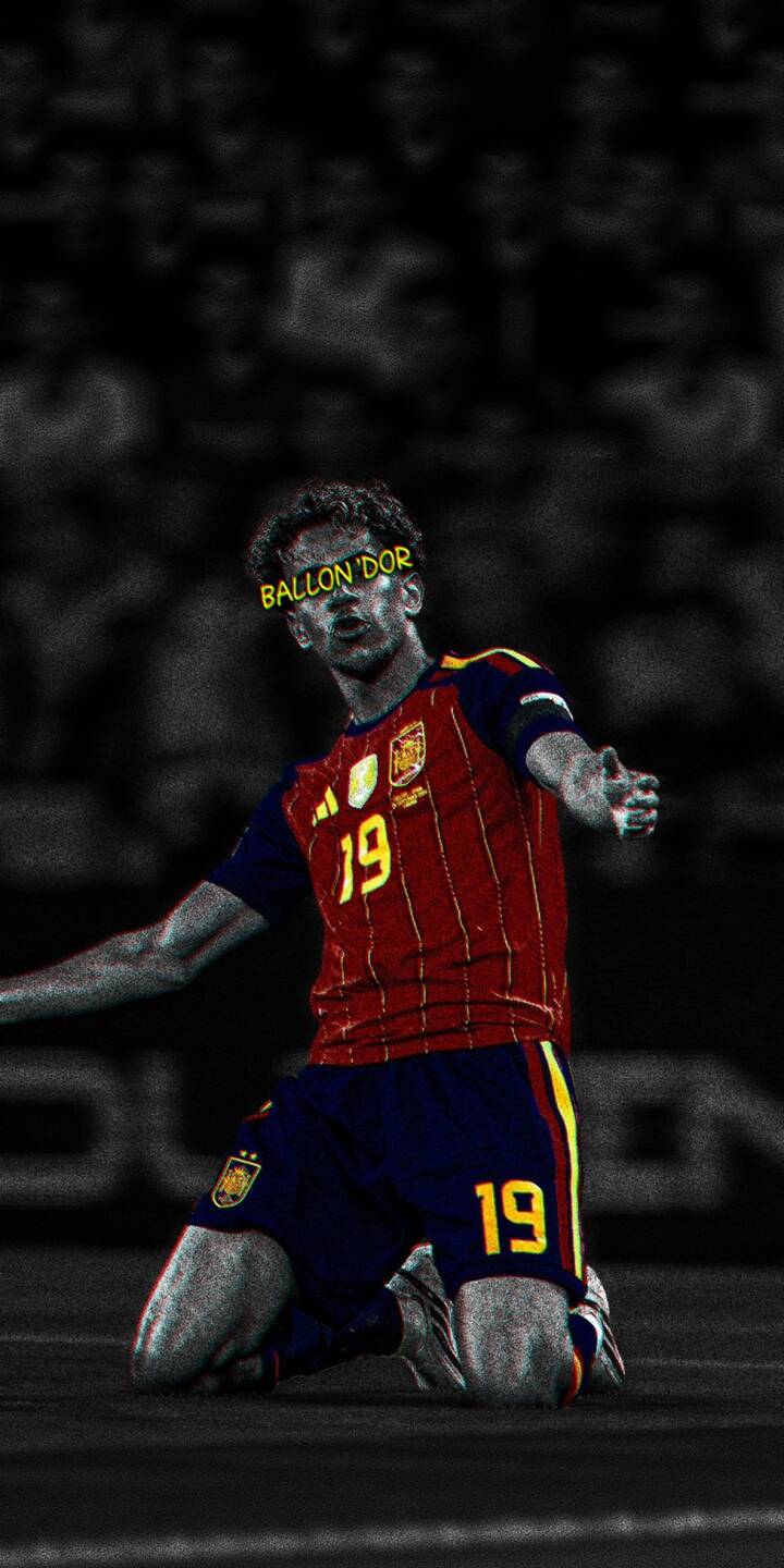 Bright 'BALLON D'OR' text covers Gavi's eyes as he strikes a powerful kneeling celebration pose in his vibrant red and yellow Spain jersey in this dramatic 4K wallpaper. This iconic football wallpaper, with its unique desaturated background, is an ideal choice for your iPhone. | sports football celebration iphone soccer spain wallpaper mobile 4k wallpaper hd wallpaper ballon d'or gavi Bright 'BALLON D'OR' text covers Gavi's eyes as he strikes a powerful kneeling celebration pose in his vibrant red and yellow Spain jersey in this dramatic 4K wallpaper. This iconic football wallpaper, with its unique desaturated background, is an ideal choice for your iPhone.